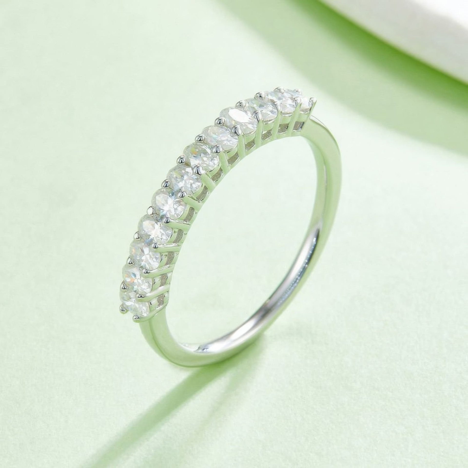 Vintage Oval Moissanite Half-Eternity Row Ring | East-West Set 925 Sterling Silver Stacking Band - alternate view