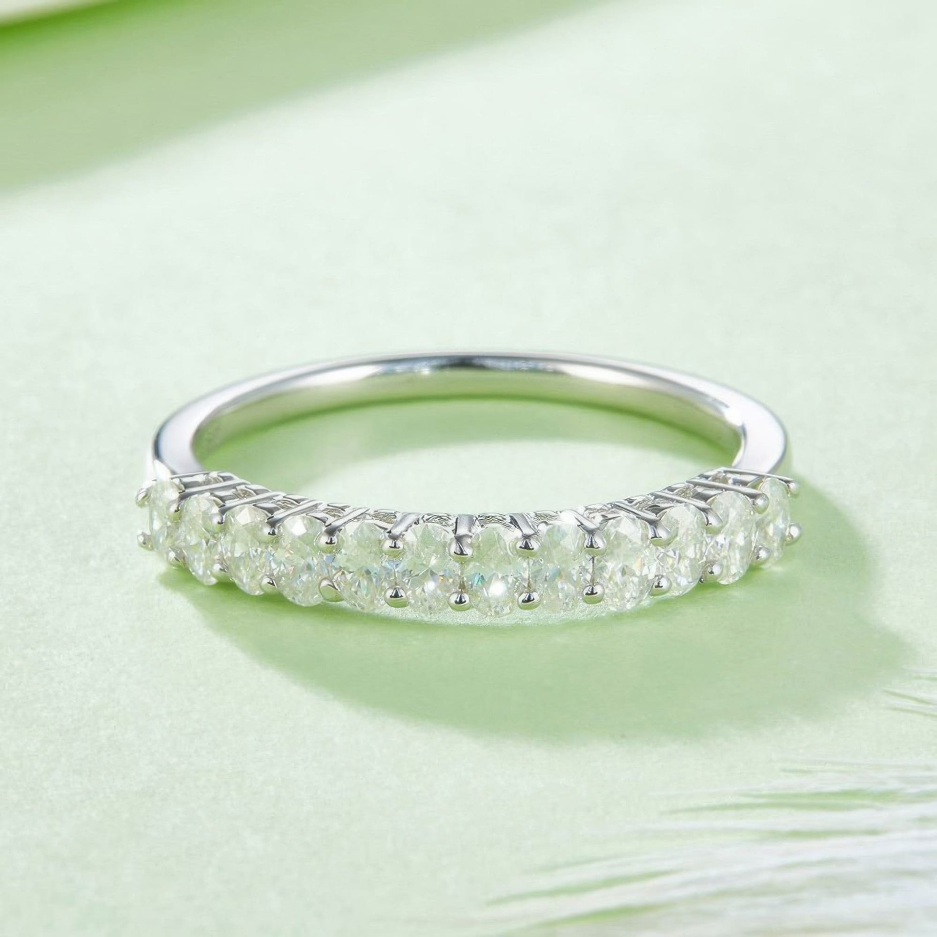 Vintage Oval Moissanite Half-Eternity Row Ring | East-West Set 925 Sterling Silver Stacking Band - Image 4