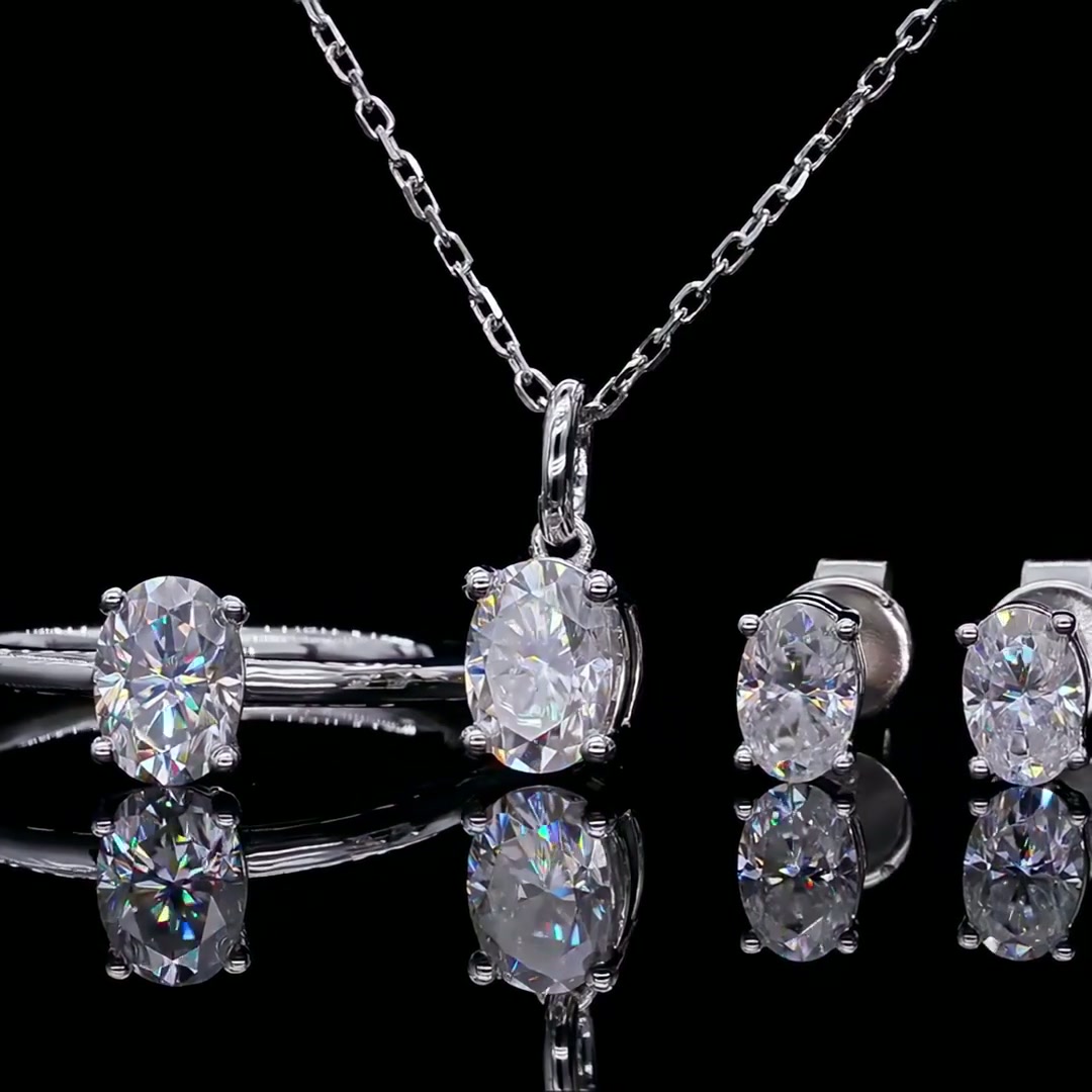 Oval Cut Moissanite Necklace & Earring Set | 4-Prong Solitaire 925 Sterling Silver product video thumbnail
