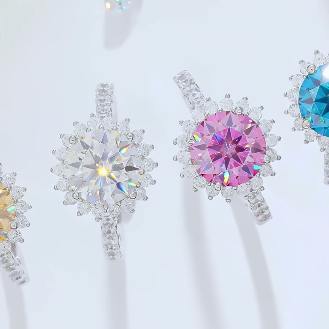 Vintage 3CT Sunflower Halo Moissanite Ring | 925 Sterling Silver | White, Yellow, Blue & Pink product video thumbnail