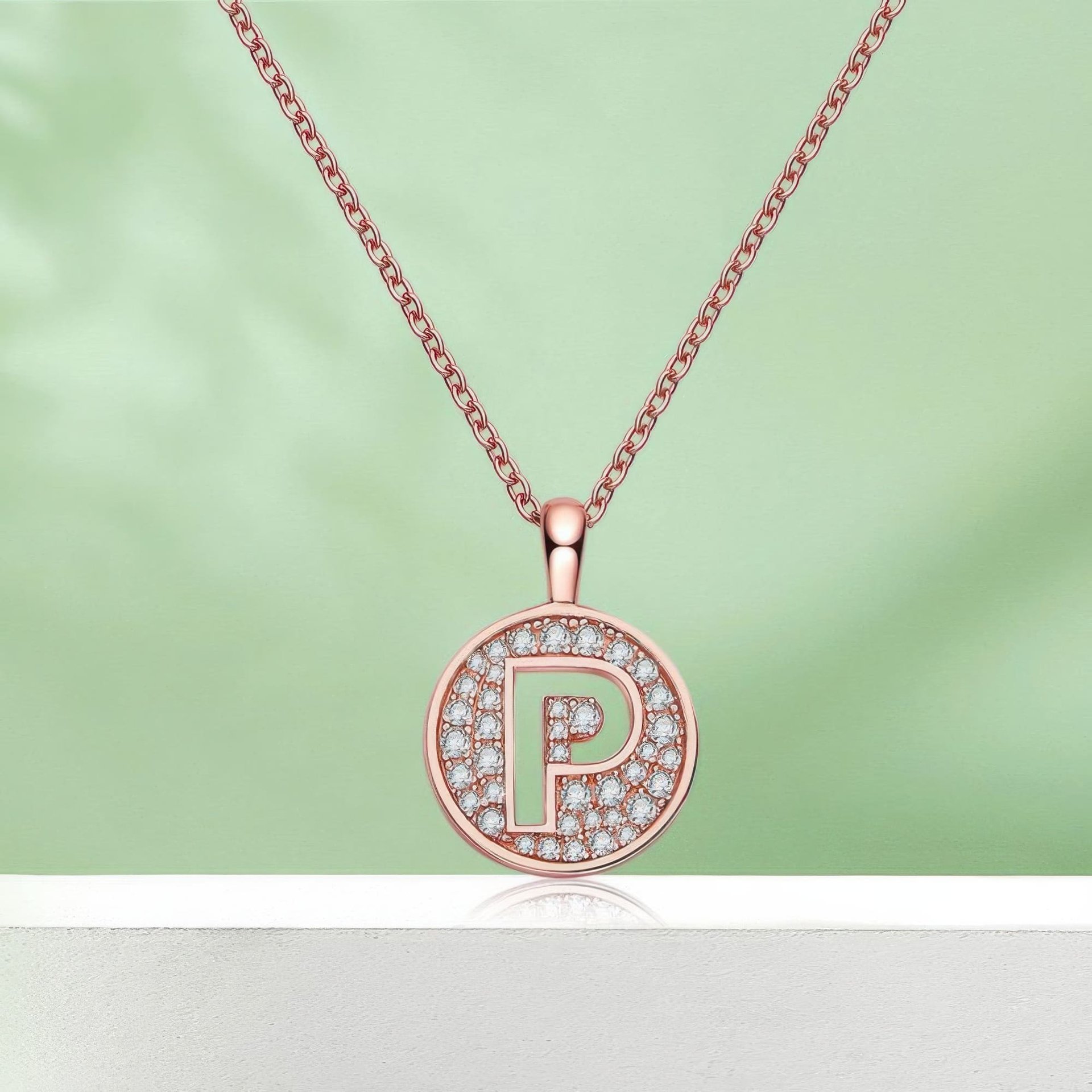 Initial P Moissanite Pendant Necklace | Pavé Round Disc | Dainty Rose Gold Plated 925 Silver - Image 4