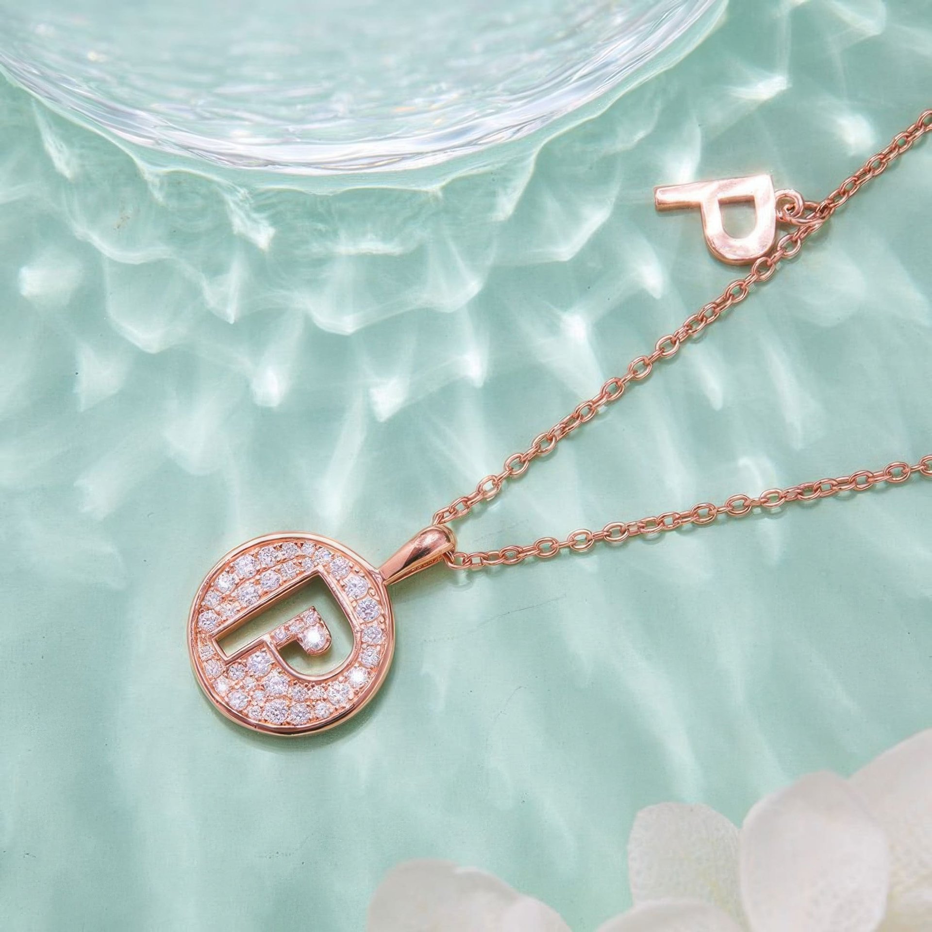 Initial P Moissanite Pendant Necklace | Pavé Round Disc | Dainty Rose Gold Plated 925 Silver - Image 2