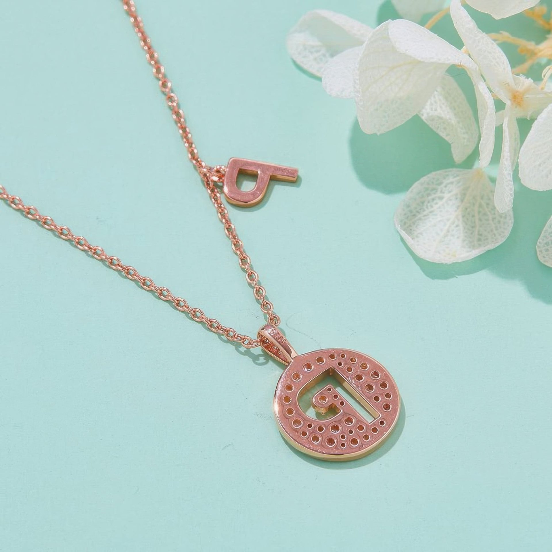 Initial P Moissanite Pendant Necklace | Pavé Round Disc | Dainty Rose Gold Plated 925 Silver - Image 3