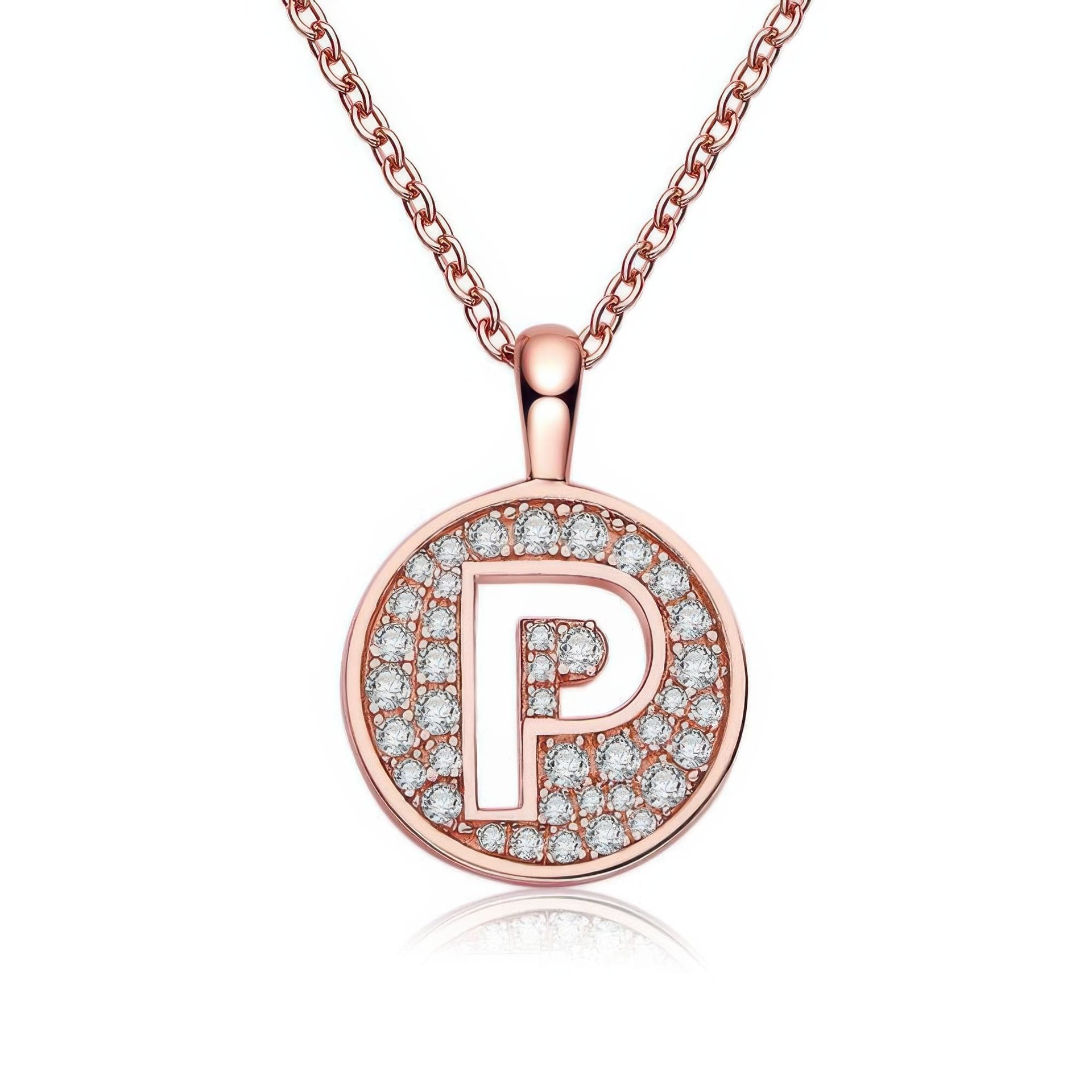 Initial P Moissanite Pendant Necklace | Pavé Round Disc | Dainty Rose Gold Plated 925 Silver