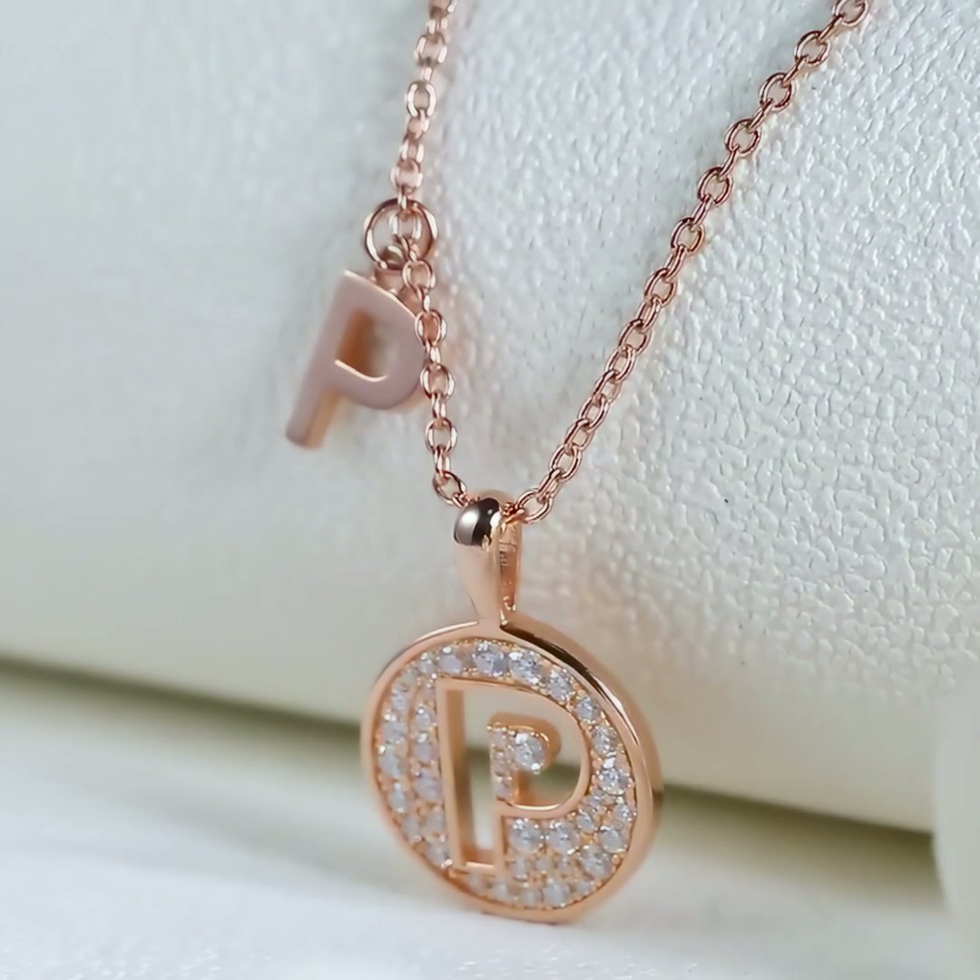 Initial P Moissanite Pendant Necklace | Pavé Round Disc | Dainty Rose Gold Plated 925 Silver product video thumbnail