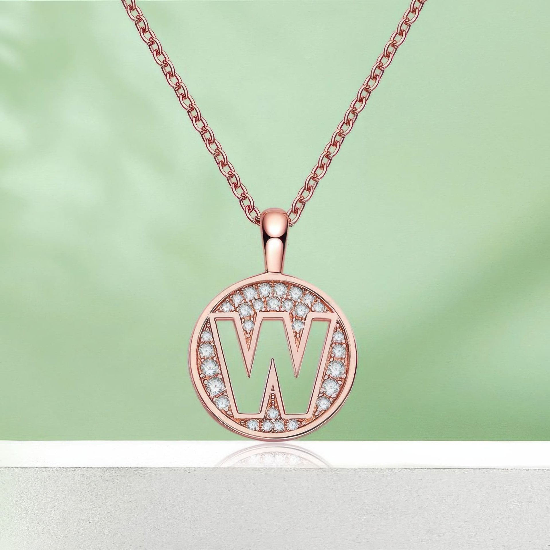 Initial W Moissanite Pendant Necklace | Pavé Round Disc | Rose Gold Plated 925 Sterling Silver - Image 4
