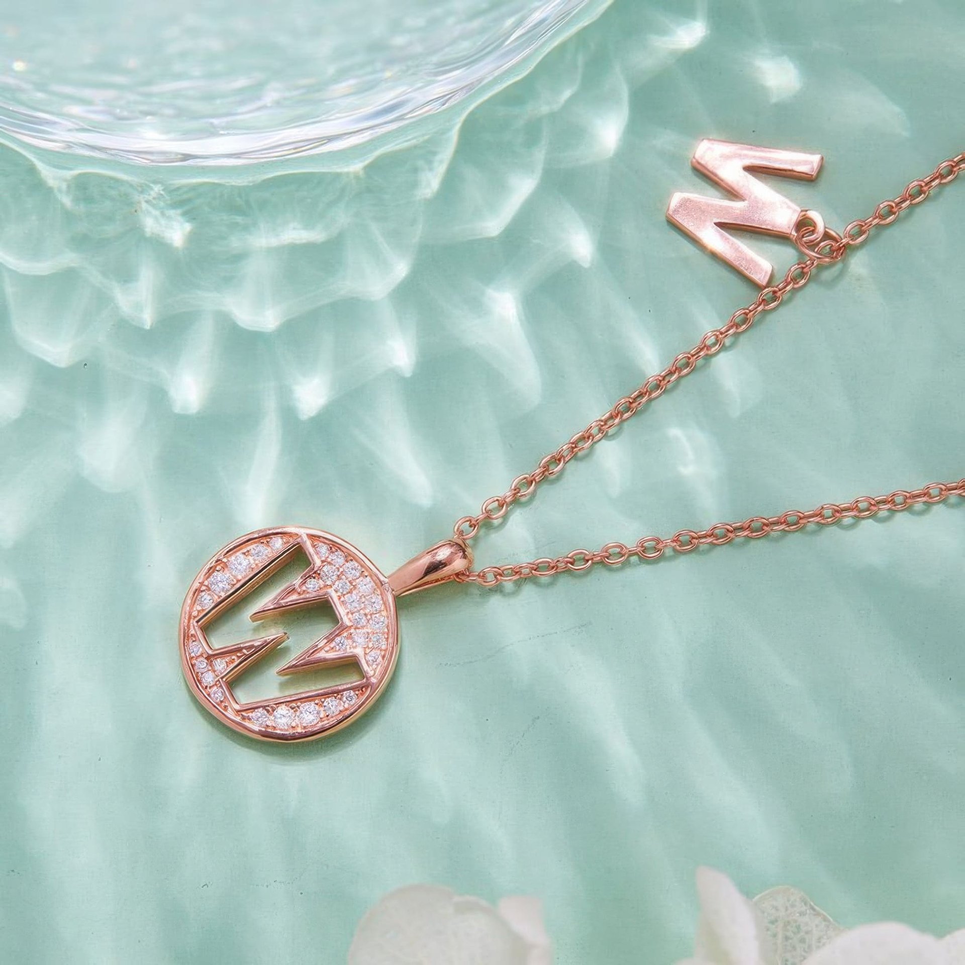 Initial W Moissanite Pendant Necklace | Pavé Round Disc | Rose Gold Plated 925 Sterling Silver - Image 2