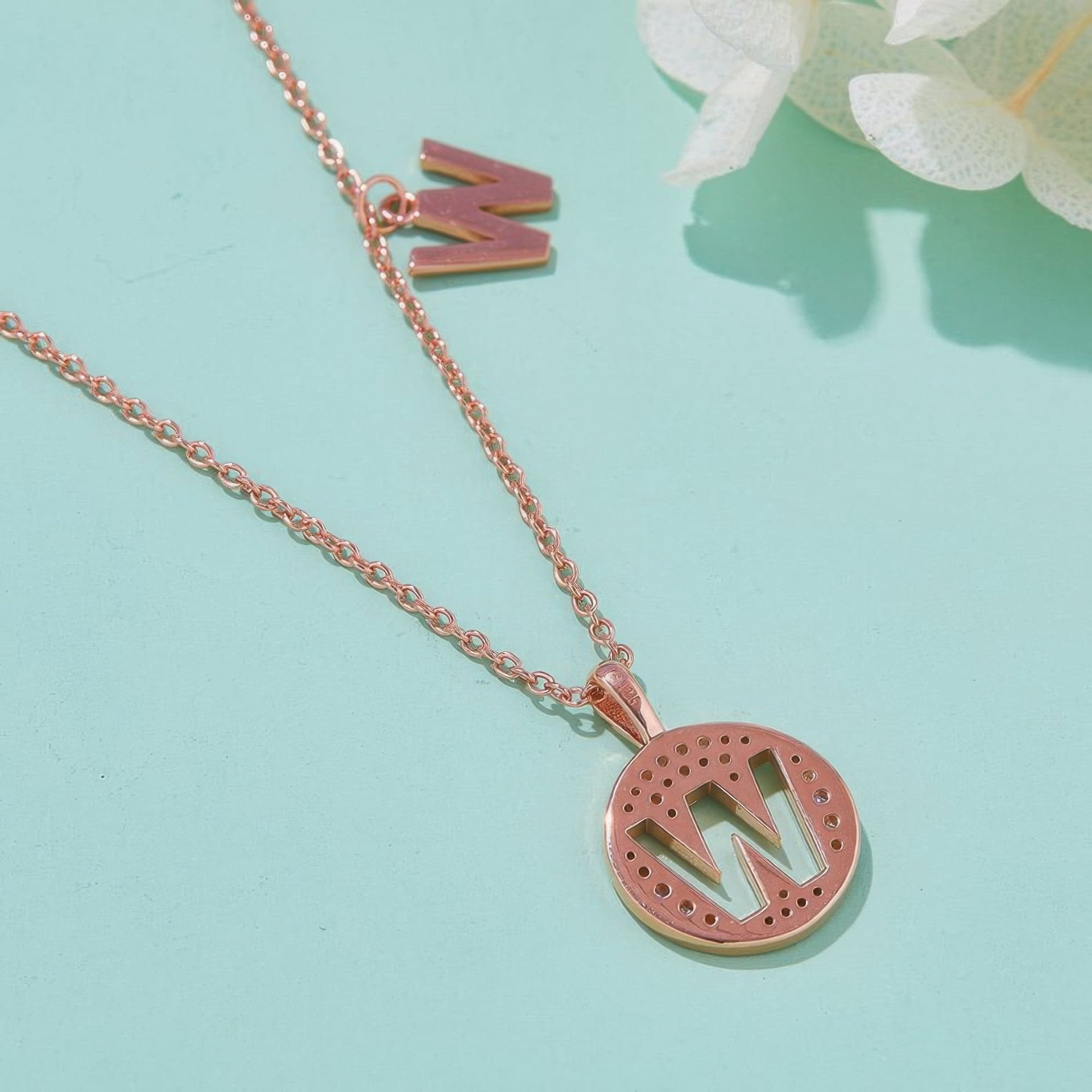 Initial W Moissanite Pendant Necklace | Pavé Round Disc | Rose Gold Plated 925 Sterling Silver - Image 3