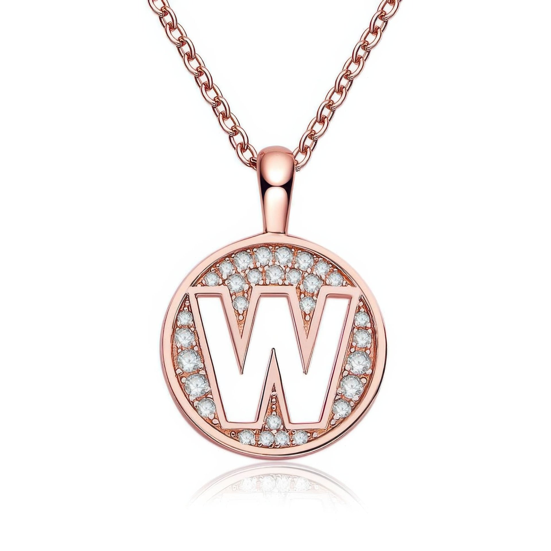Initial W Moissanite Pendant Necklace | Pavé Round Disc | Rose Gold Plated 925 Sterling Silver