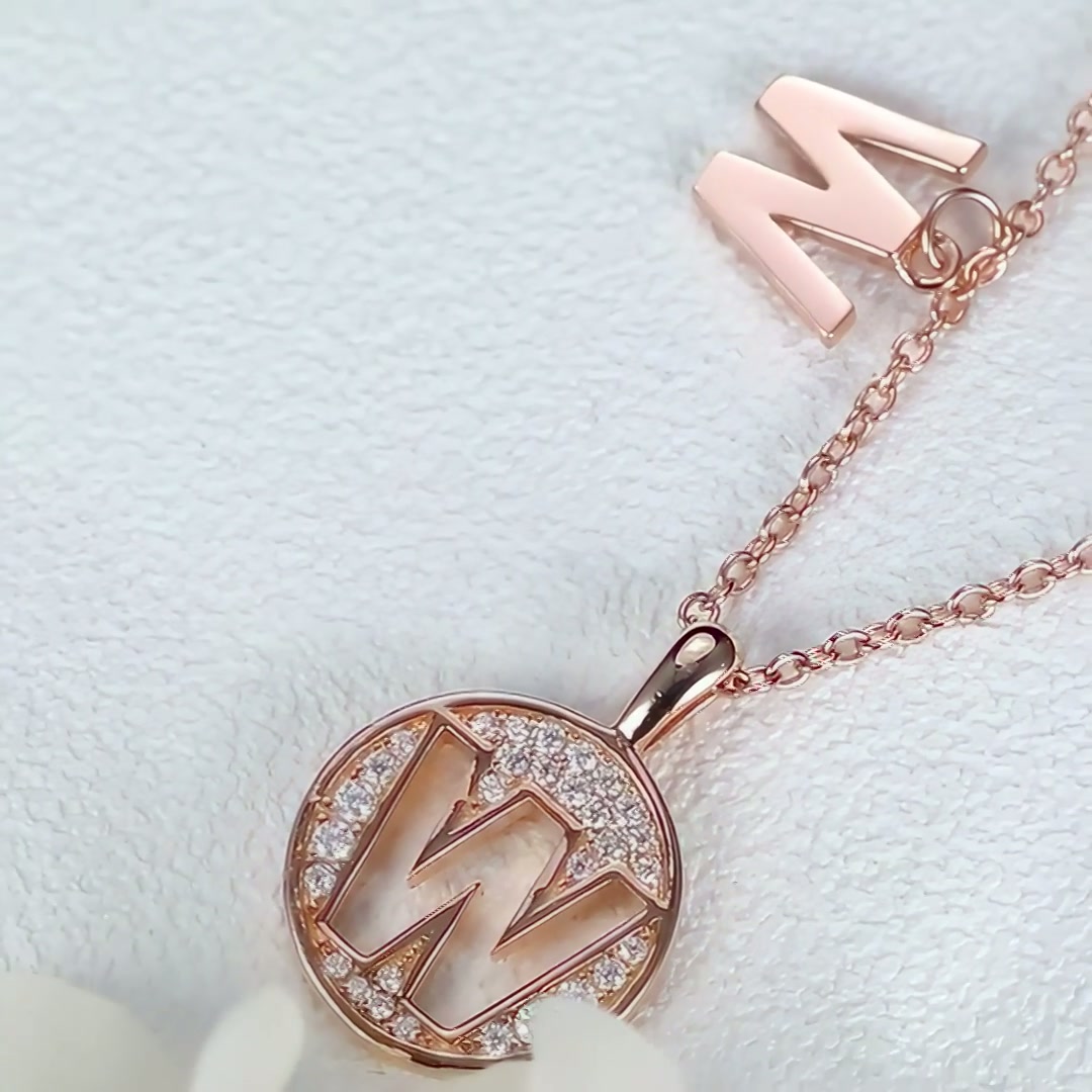 Initial W Moissanite Pendant Necklace | Pavé Round Disc | Rose Gold Plated 925 Sterling Silver product video thumbnail