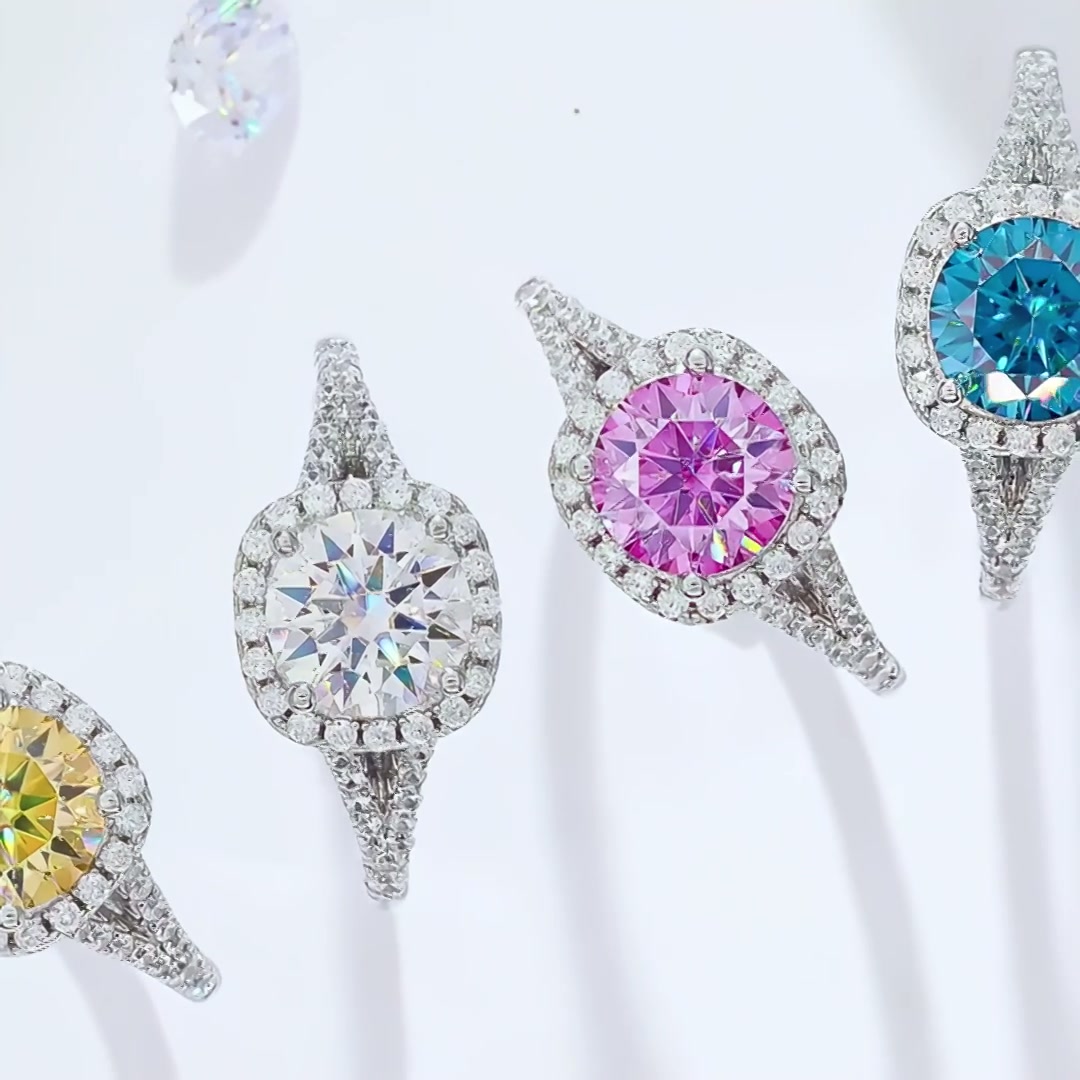 1.5ct Round Cut Moissanite Halo Ring | Split-Shank Pavé Solitaire product video thumbnail