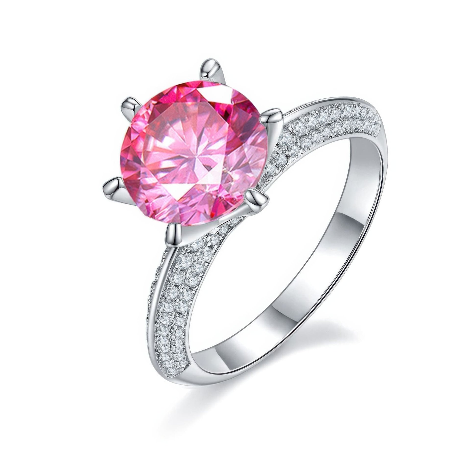 Round Moissanite Solitaire Ring | 6-Prong Pavé Band | 925 Sterling Silver