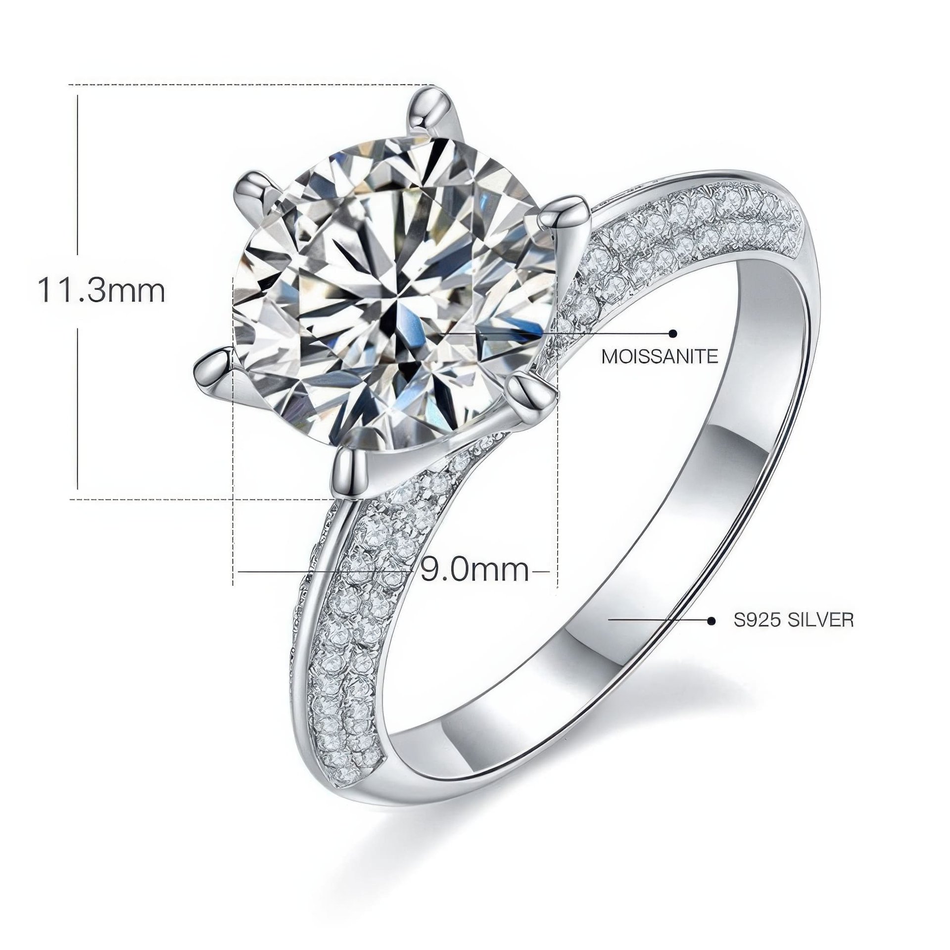 Round Moissanite Solitaire Ring | 6-Prong Pavé Band | 925 Sterling Silver - Image 6