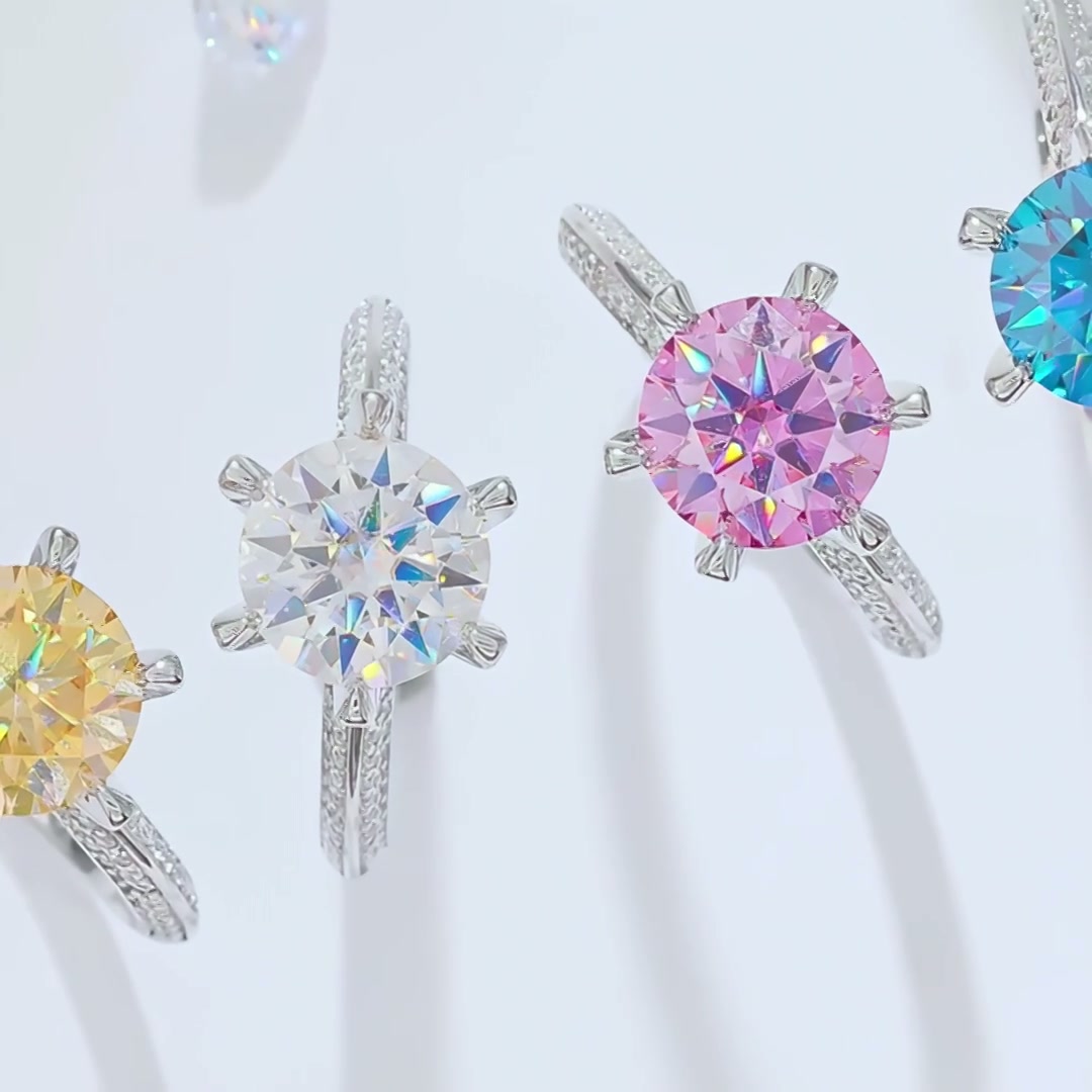 Round Moissanite Solitaire Ring | 6-Prong Pavé Band | 925 Sterling Silver product video thumbnail