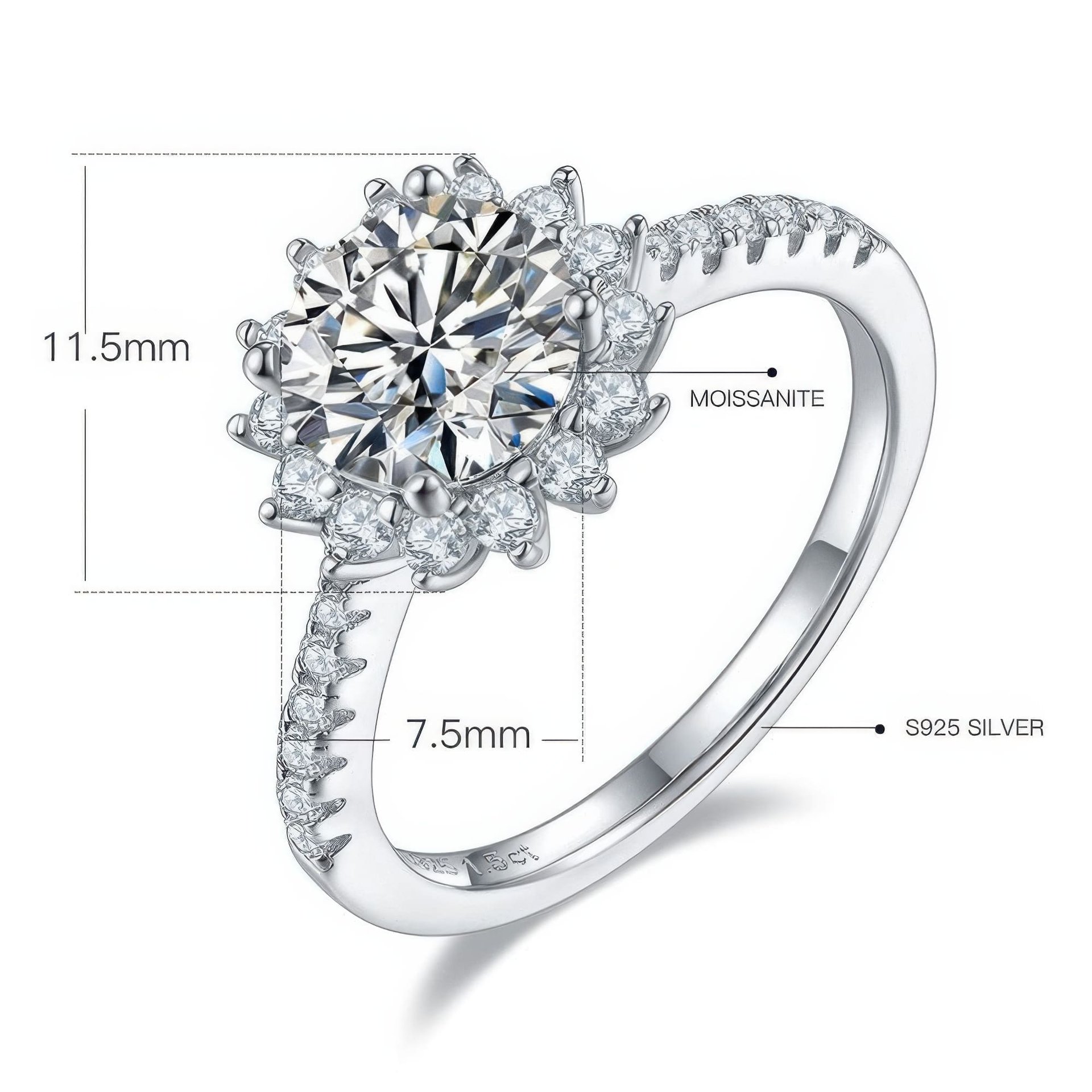 1.5ct Sunflower Halo Moissanite Ring | Sterling Silver Floral Statement Ring - Image 6
