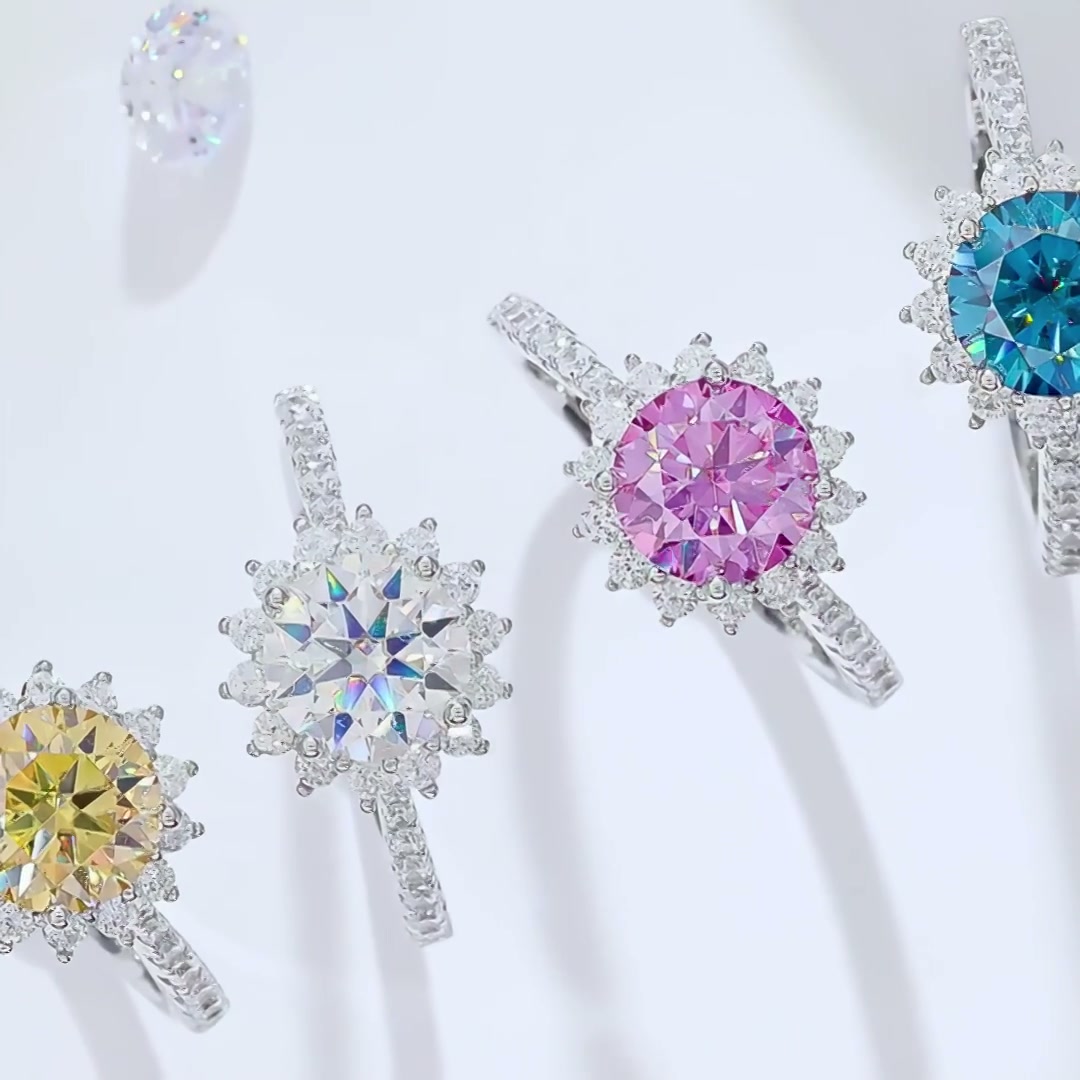 925 Silver Moissanite Sunflower Halo Ring | 1ct DEW Round Center | Pave Band, Color Options product video thumbnail