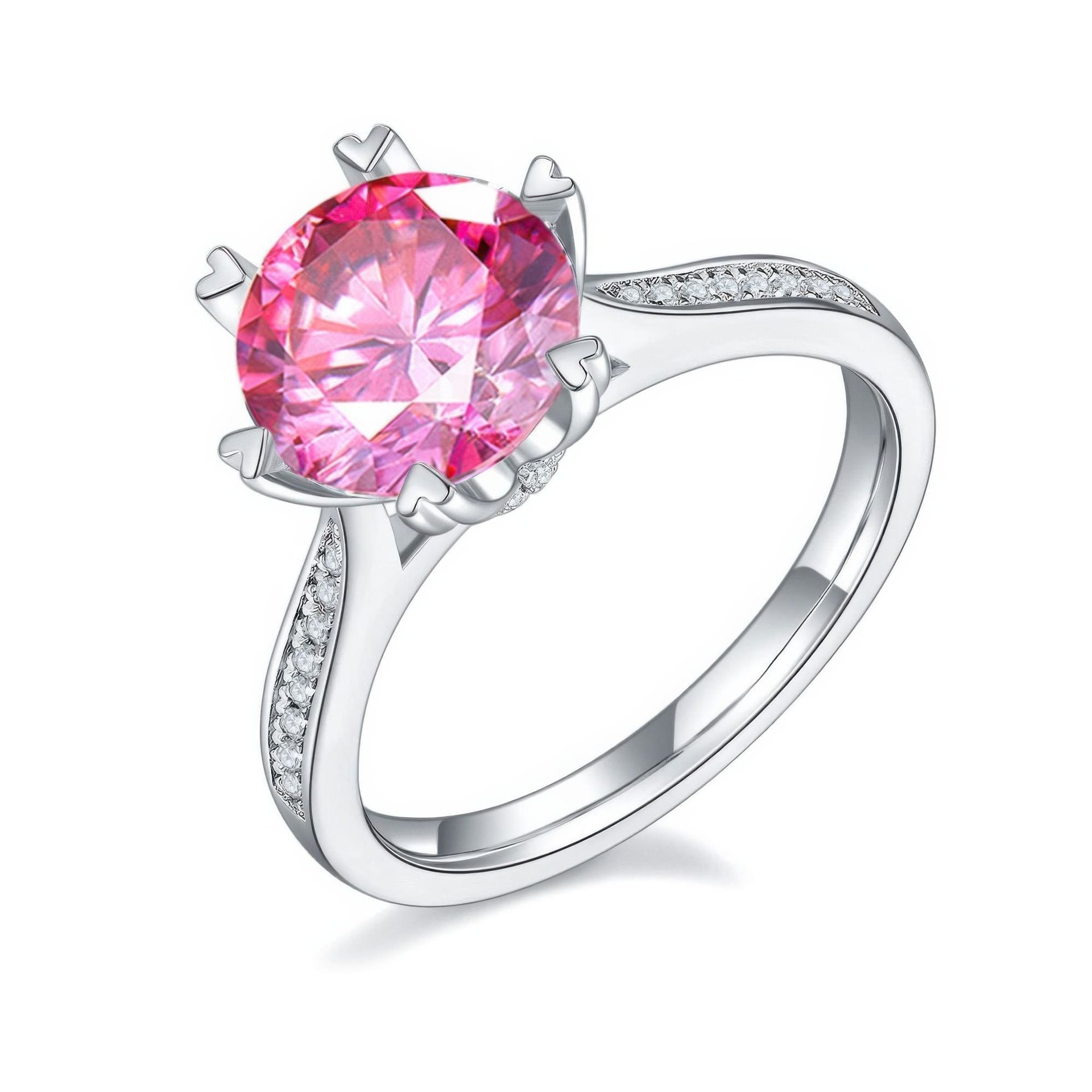 3 Carat Pink Moissanite Solitaire Ring | Heart-Tipped Prongs | 925 Sterling Silver