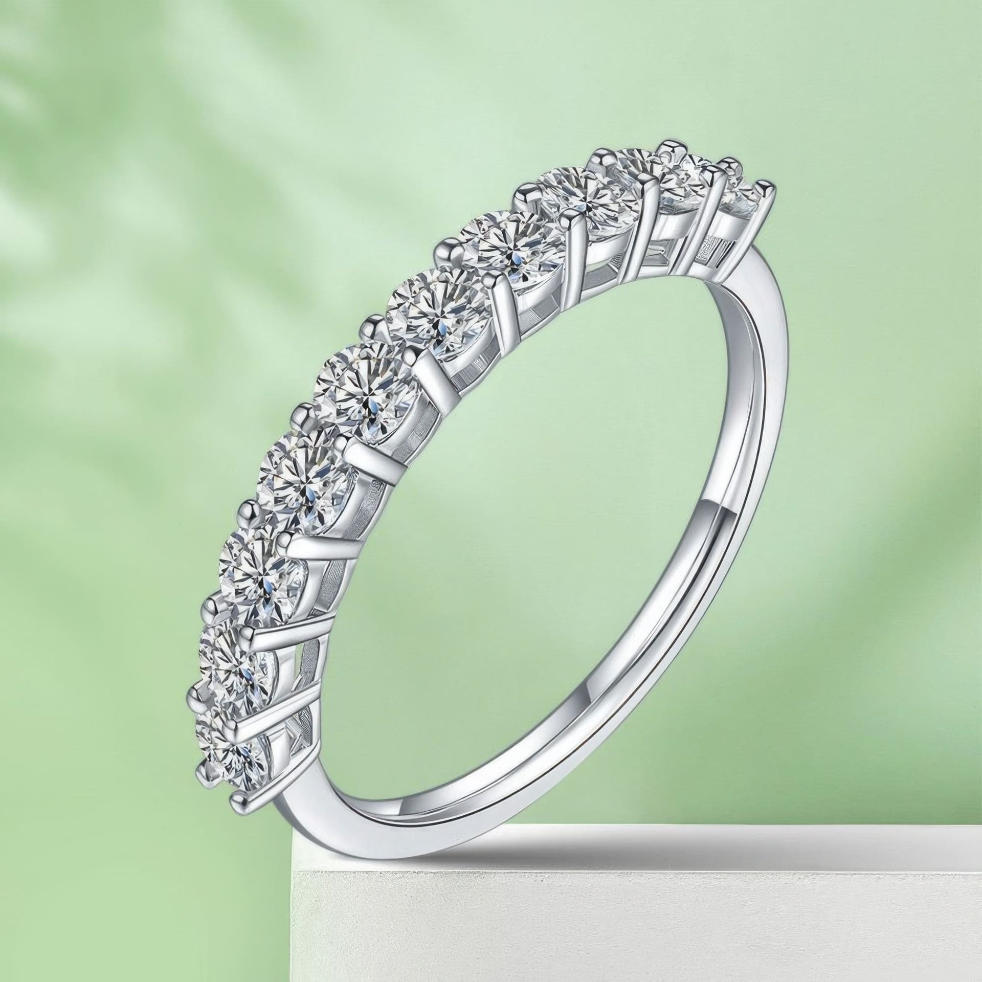 Moissanite Half-Eternity Row Ring | Round Brilliant 925 Sterling Silver Stacking Band, DEF VVS - Image 5
