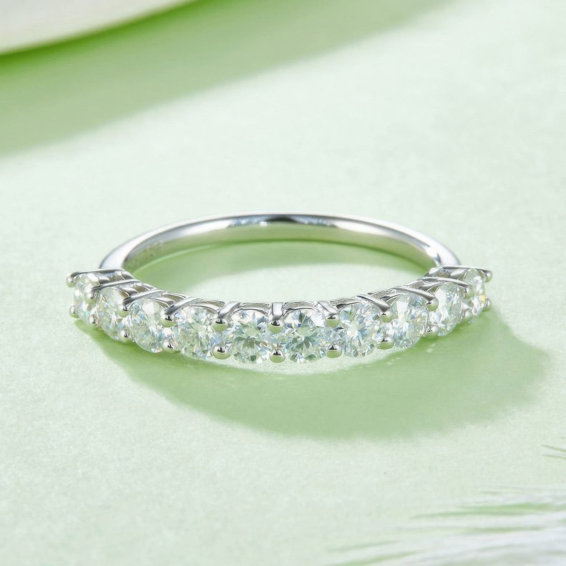 Moissanite Half-Eternity Row Ring | Round Brilliant 925 Sterling Silver Stacking Band, DEF VVS - alternate view