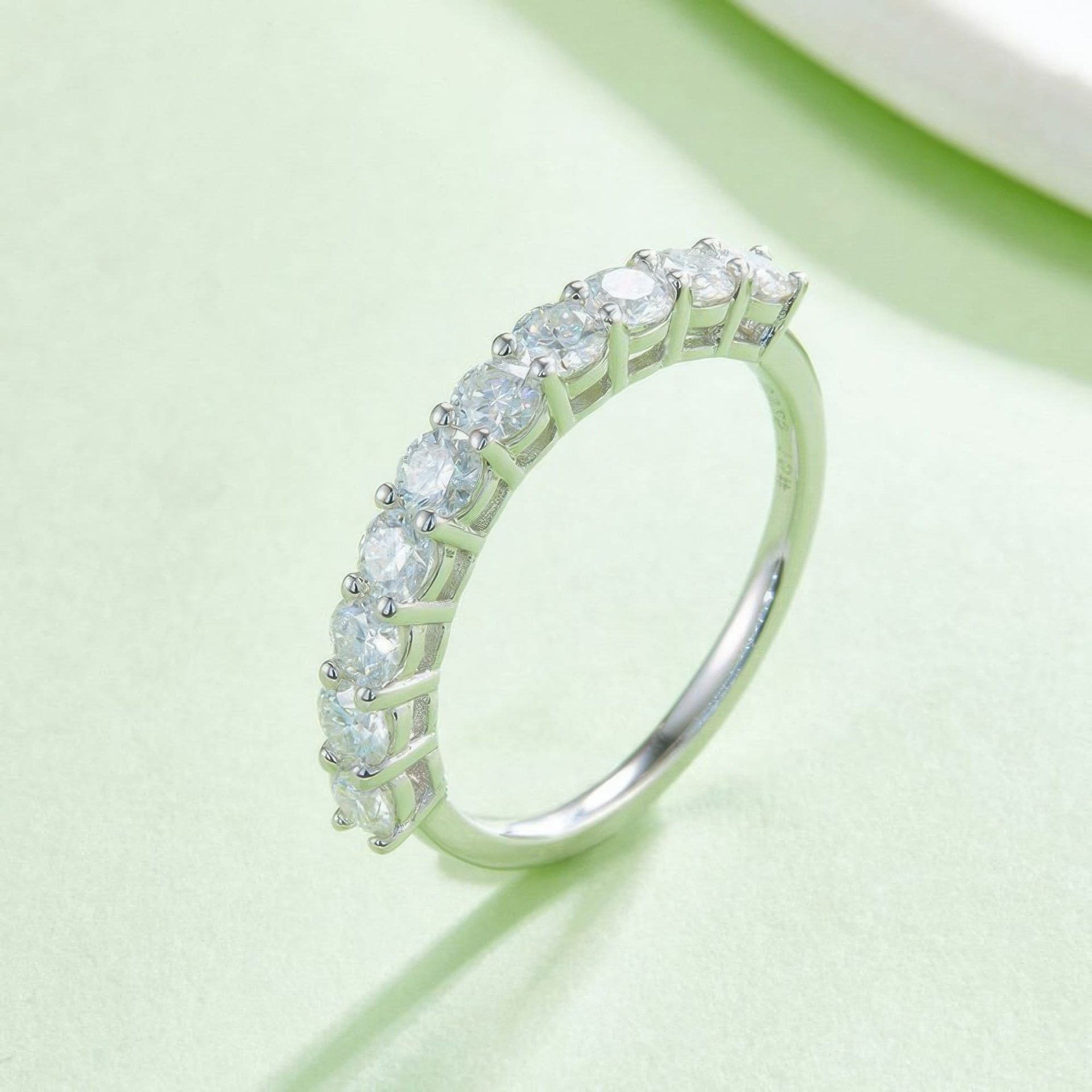 Moissanite Half-Eternity Row Ring | Round Brilliant 925 Sterling Silver Stacking Band, DEF VVS - Image 3