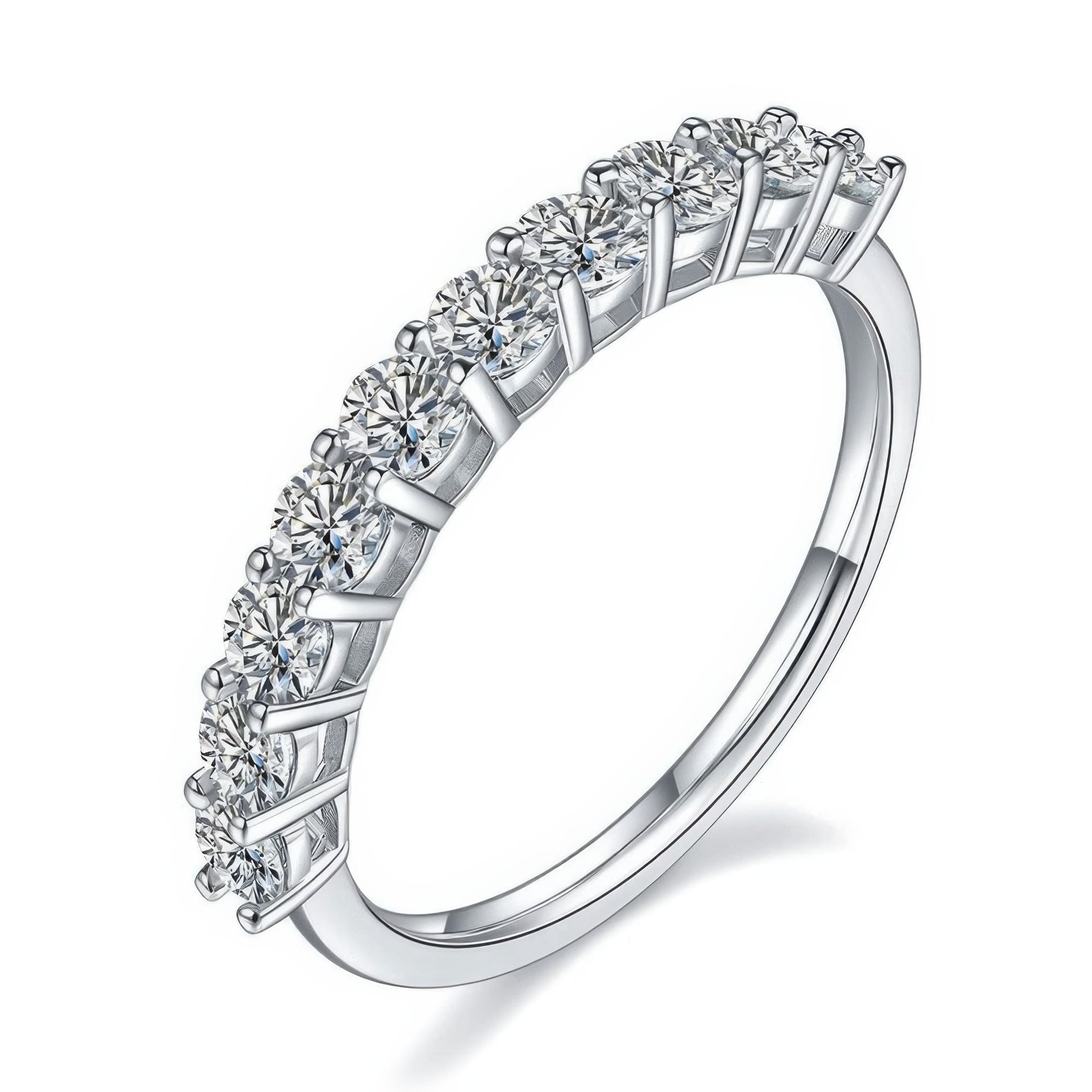 Moissanite Half-Eternity Row Ring | Round Brilliant 925 Sterling Silver Stacking Band, DEF VVS