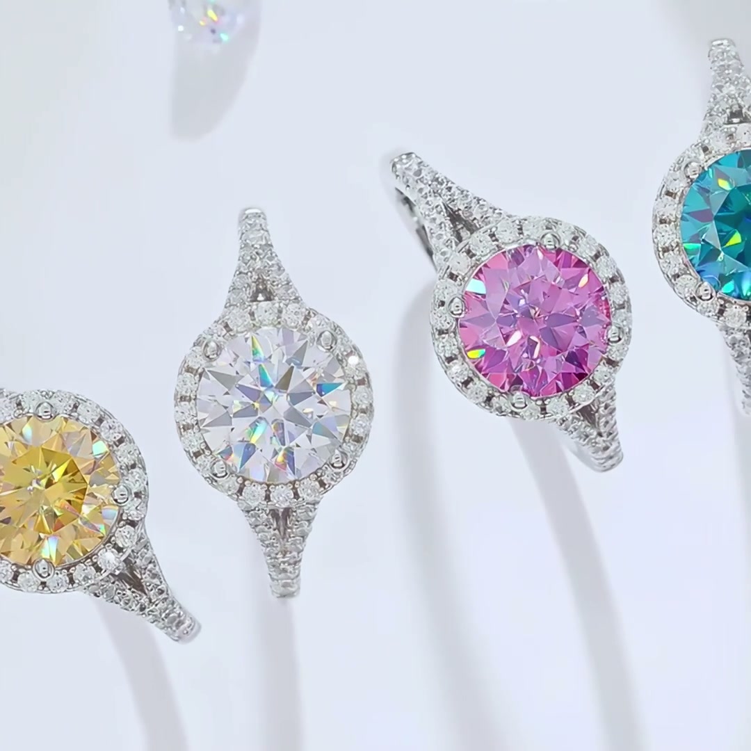 2 Carat Moissanite Statement Ring | Round Halo, Split-Shank Double-Arm Band product video thumbnail