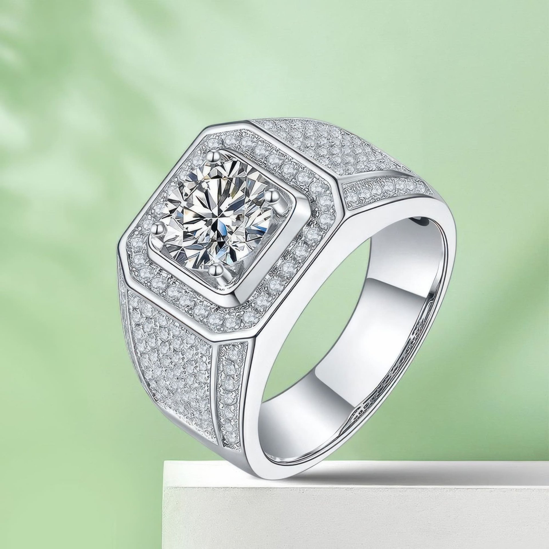 Men's 2ct Moissanite Ring | Round Pavé Halo Wide Band in 925 Silver - Image 5