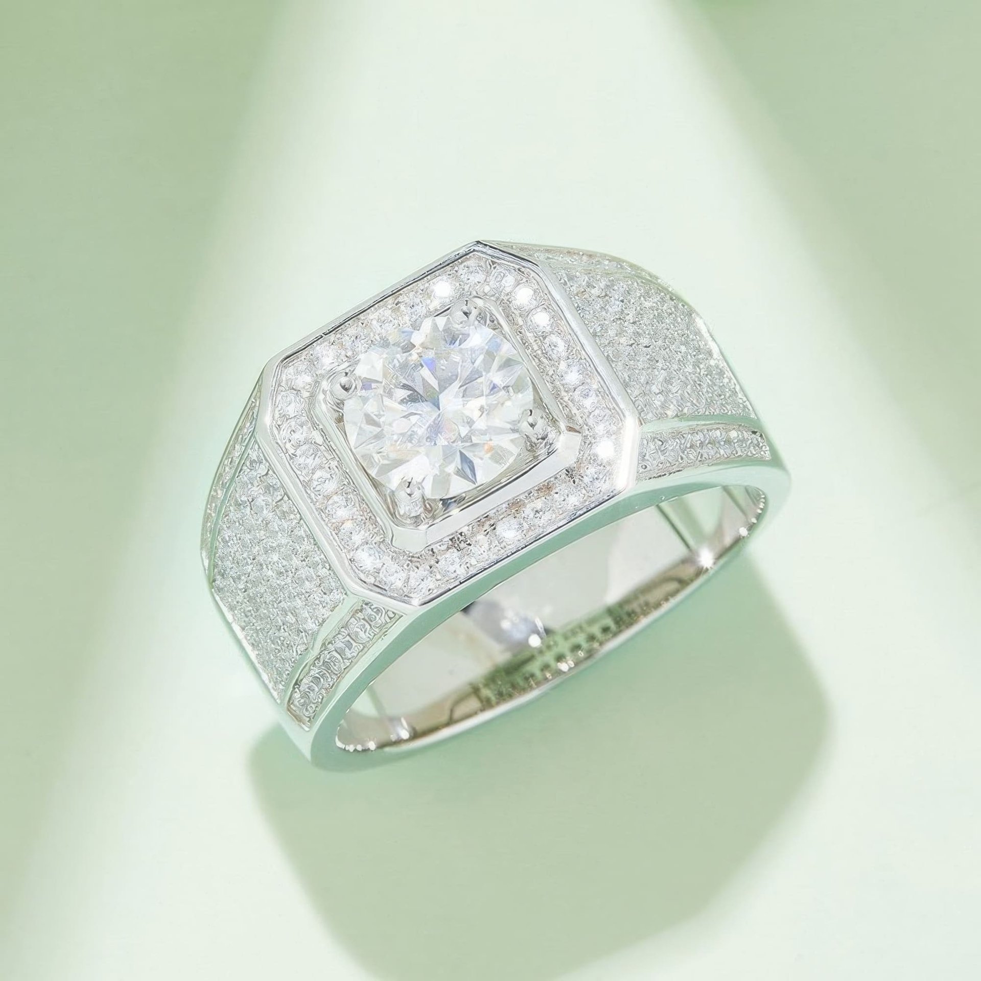 Men's 2ct Moissanite Ring | Round Pavé Halo Wide Band in 925 Silver - alternate view