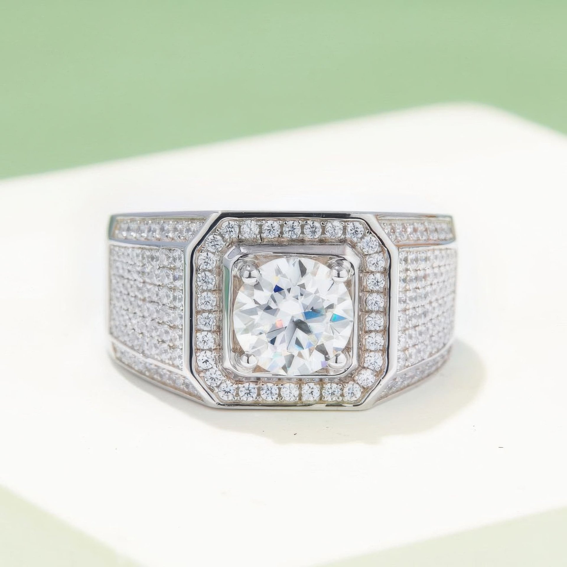 Men's 2ct Moissanite Ring | Round Pavé Halo Wide Band in 925 Silver - Image 3