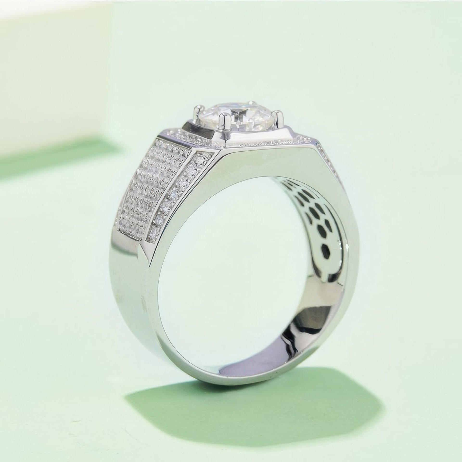 Men's 2ct Moissanite Ring | Round Pavé Halo Wide Band in 925 Silver - Image 4