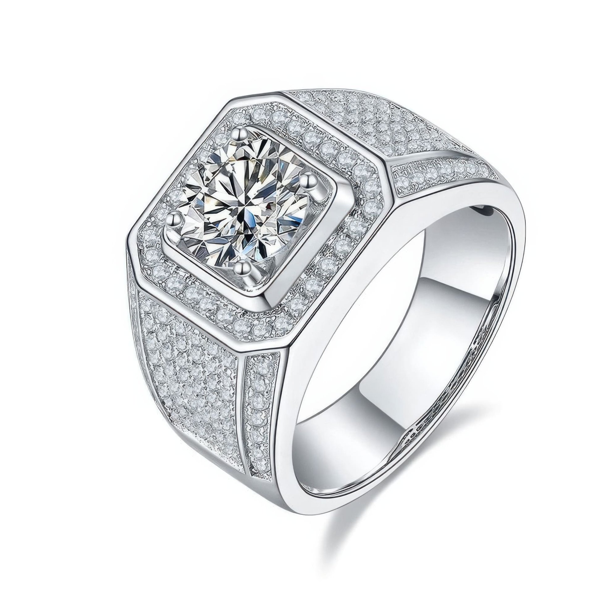 Men's 2ct Moissanite Ring | Round Pavé Halo Wide Band in 925 Silver