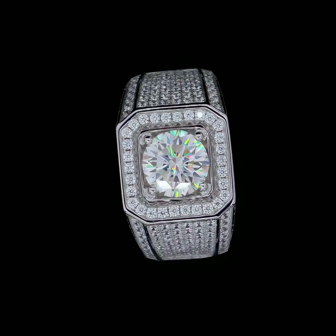 Men's 2ct Moissanite Ring | Round Pavé Halo Wide Band in 925 Silver product video thumbnail