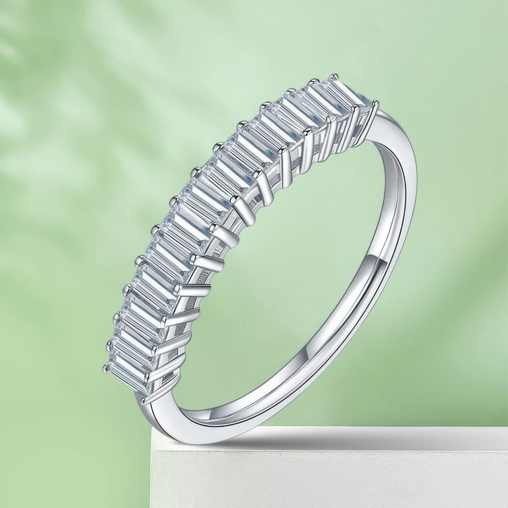 Minimalist Moissanite Baguette Row Ring | Half-Eternity Stacking Band in DEF Sterling Silver - Image 5