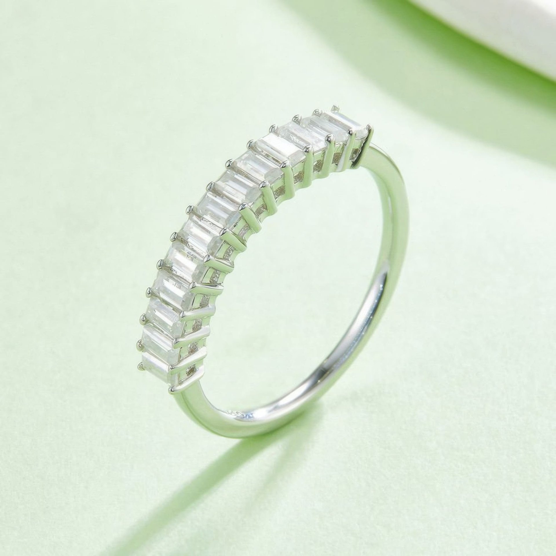 Minimalist Moissanite Baguette Row Ring | Half-Eternity Stacking Band in DEF Sterling Silver - alternate view