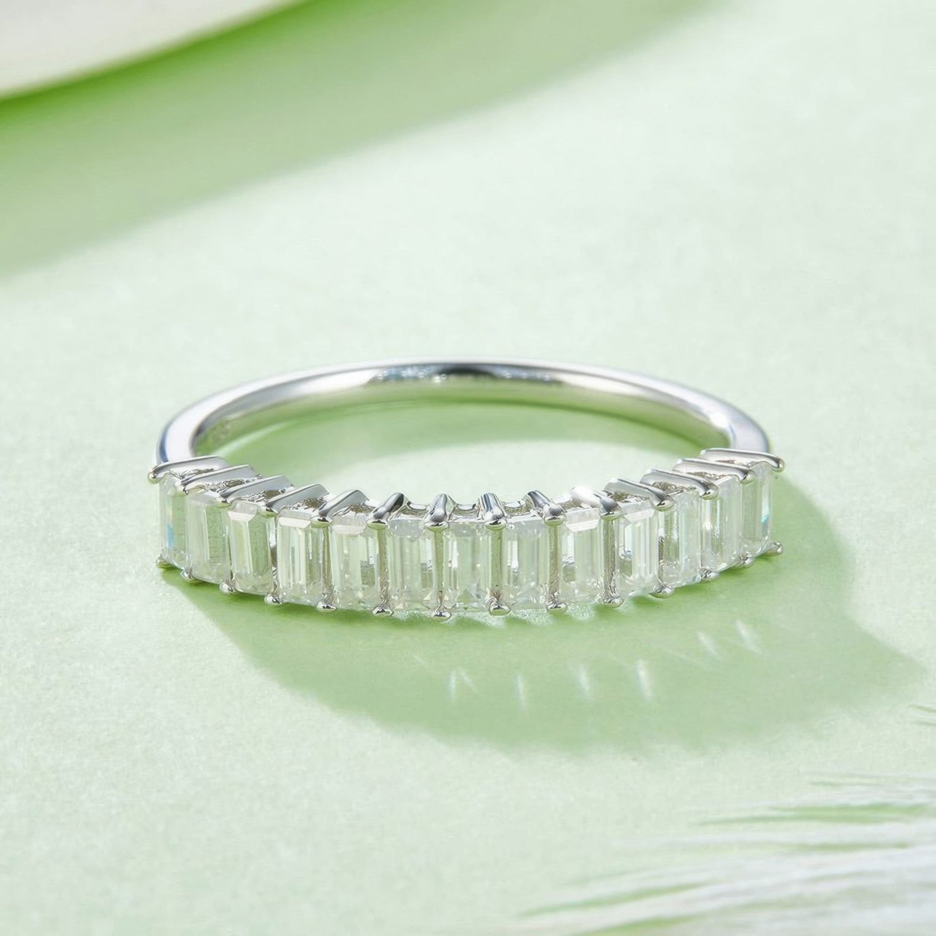 Minimalist Moissanite Baguette Row Ring | Half-Eternity Stacking Band in DEF Sterling Silver - Image 3