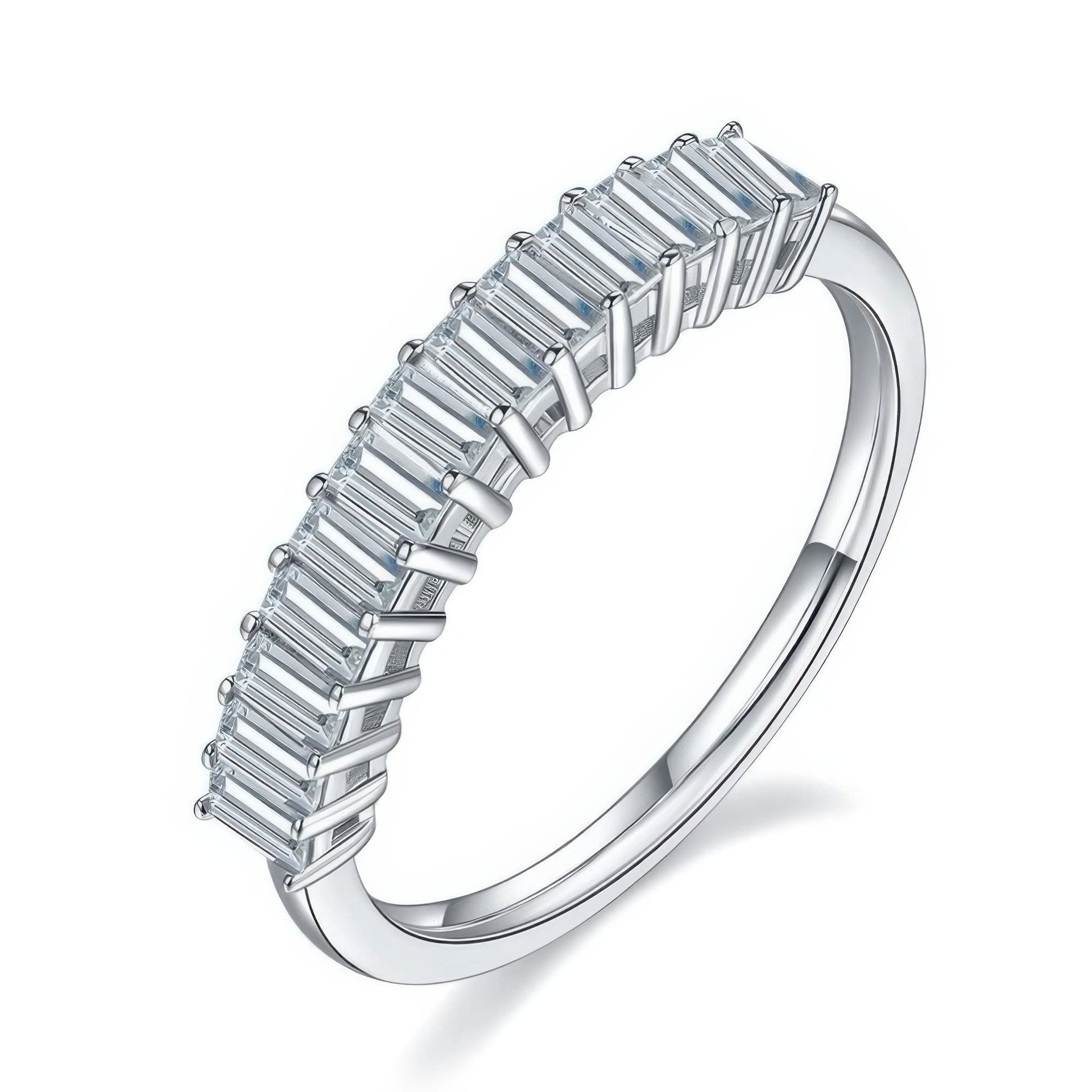 Minimalist Moissanite Baguette Row Ring | Half-Eternity Stacking Band in DEF Sterling Silver