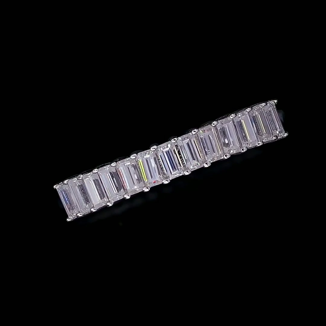 Minimalist Moissanite Baguette Row Ring | Half-Eternity Stacking Band in DEF Sterling Silver product video thumbnail