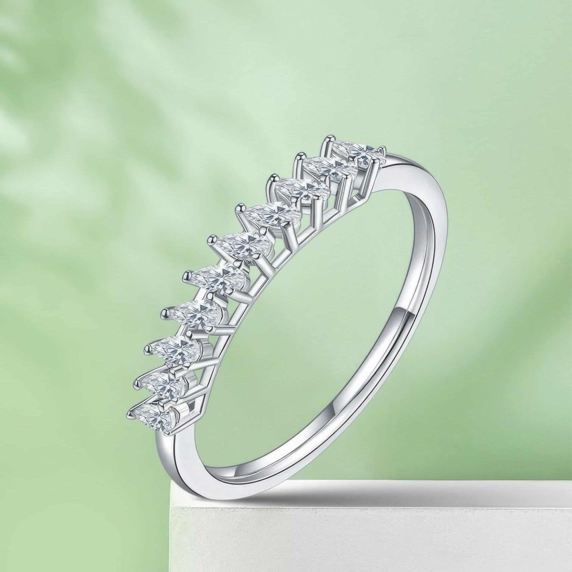 Asymmetric Pear Moissanite Half-Eternity Ring | Angled Row Sterling Silver Stacking Band - Image 5