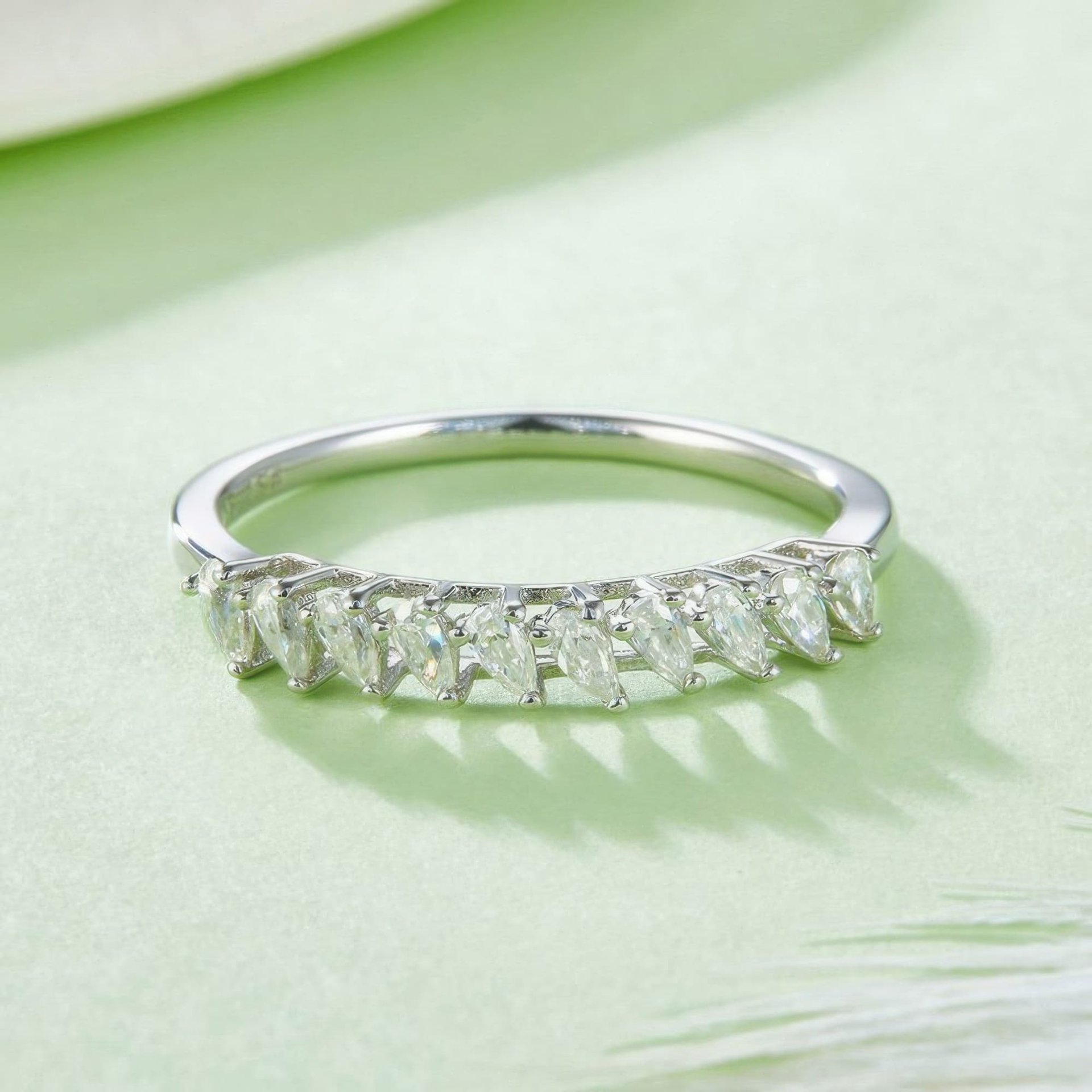 Asymmetric Pear Moissanite Half-Eternity Ring | Angled Row Sterling Silver Stacking Band - alternate view