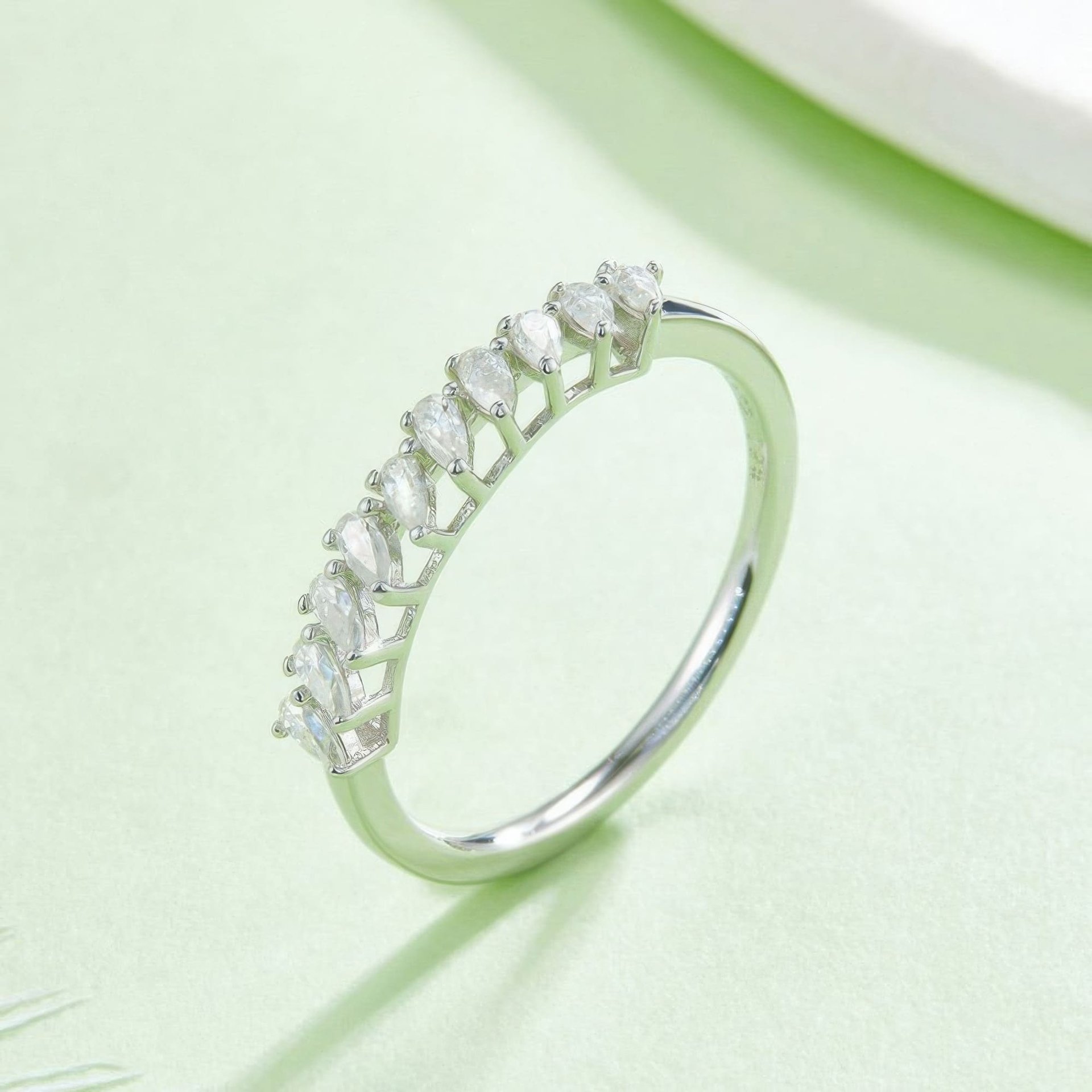 Asymmetric Pear Moissanite Half-Eternity Ring | Angled Row Sterling Silver Stacking Band - Image 3