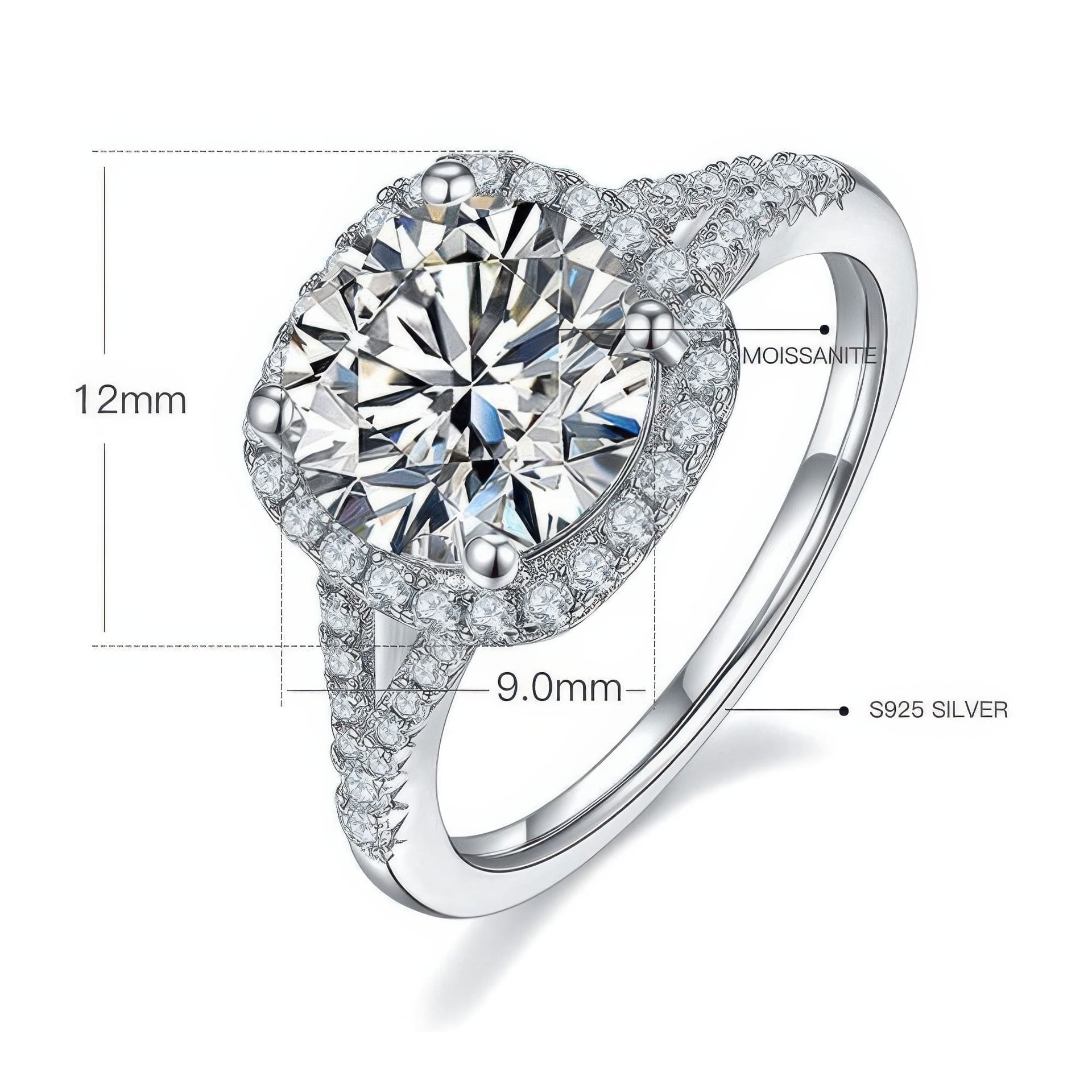 3 Carat Round Moissanite Halo Ring | Cushion Halo & Split Shank | Sterling Silver - Image 6