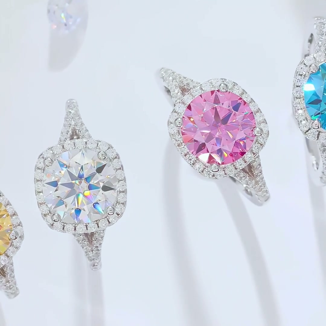3 Carat Round Moissanite Halo Ring | Cushion Halo & Split Shank | Sterling Silver product video thumbnail
