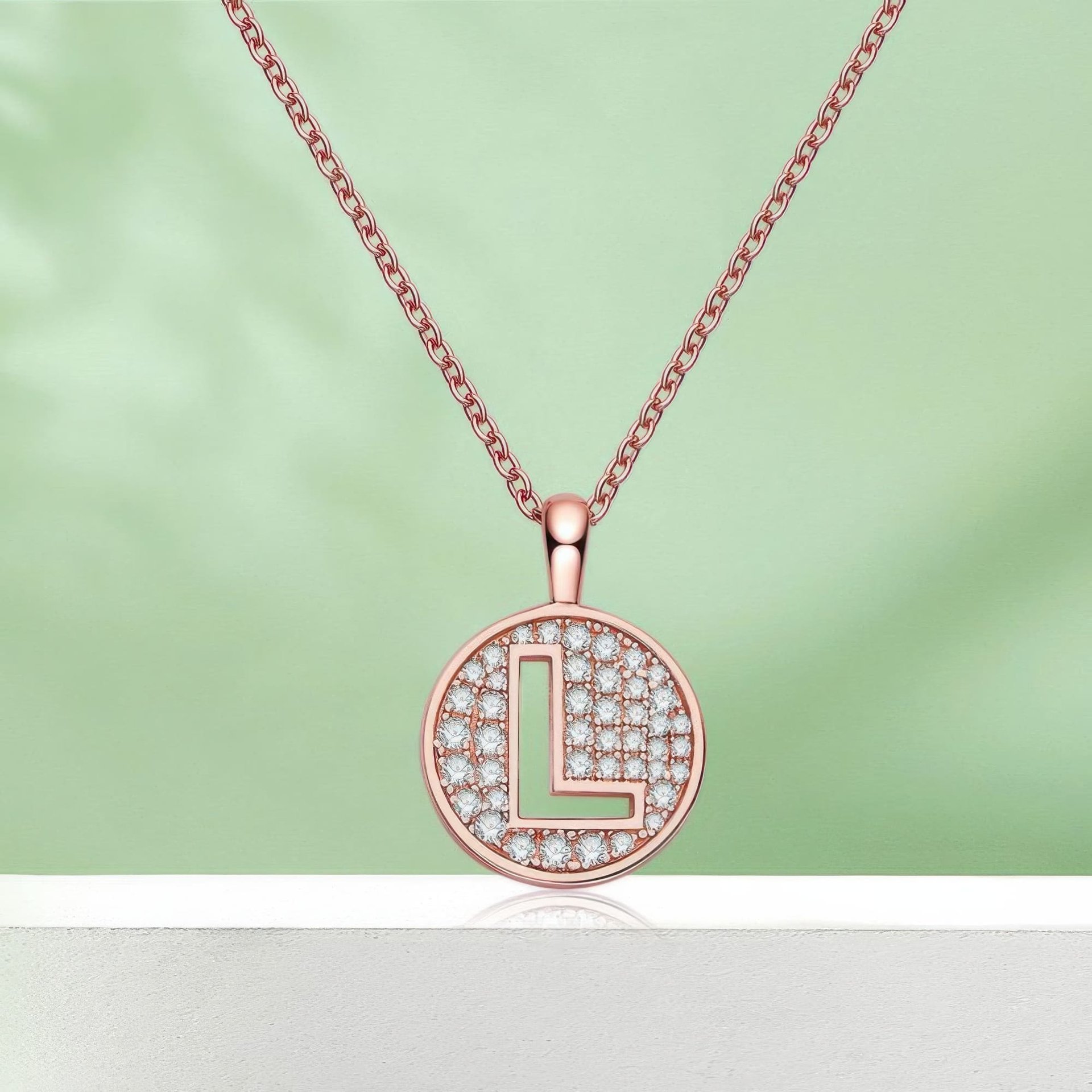 Initial L Moissanite Necklace | Rose Gold Pave Disc Pendant | Dainty Letter Charm - Image 4