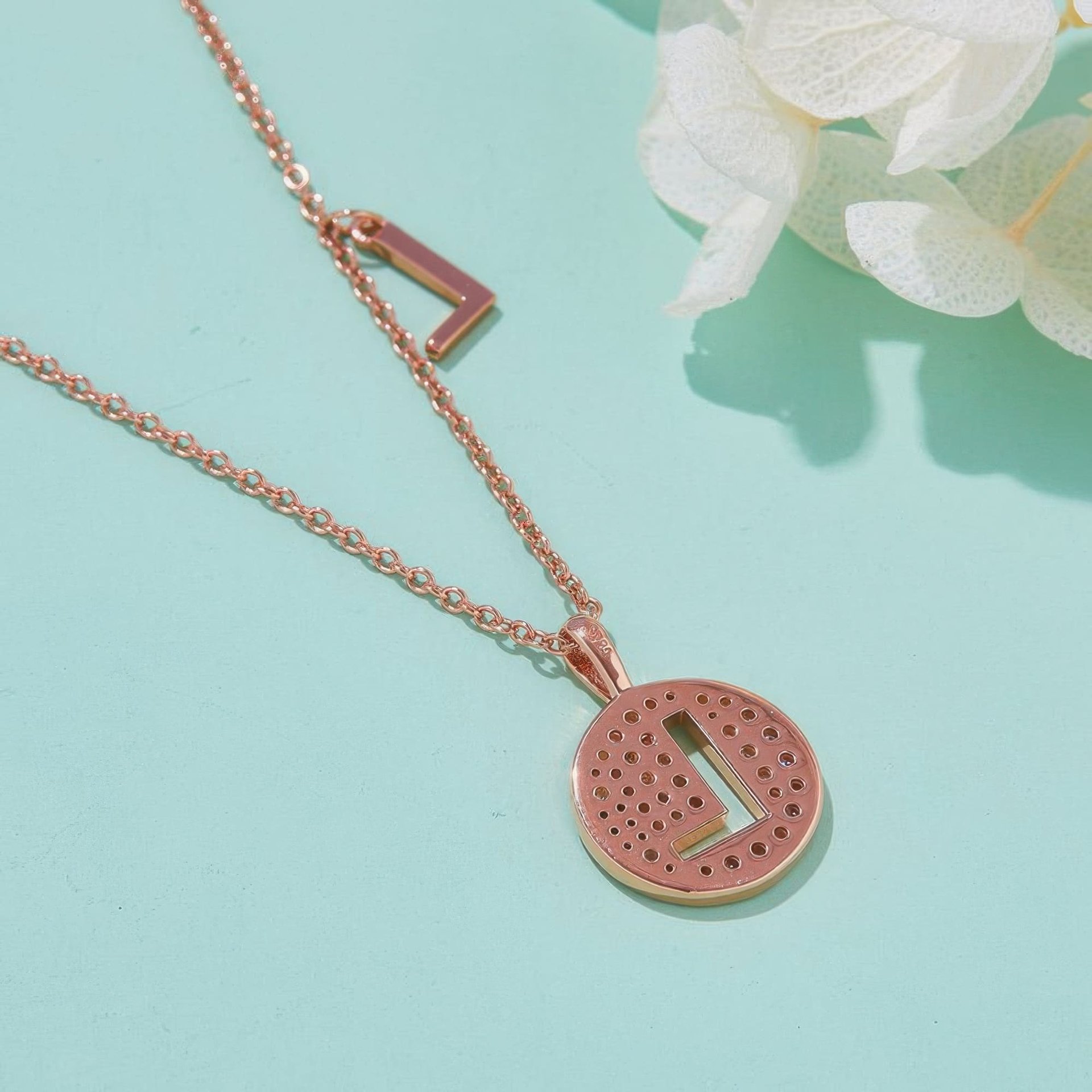Initial L Moissanite Necklace | Rose Gold Pave Disc Pendant | Dainty Letter Charm - Image 3