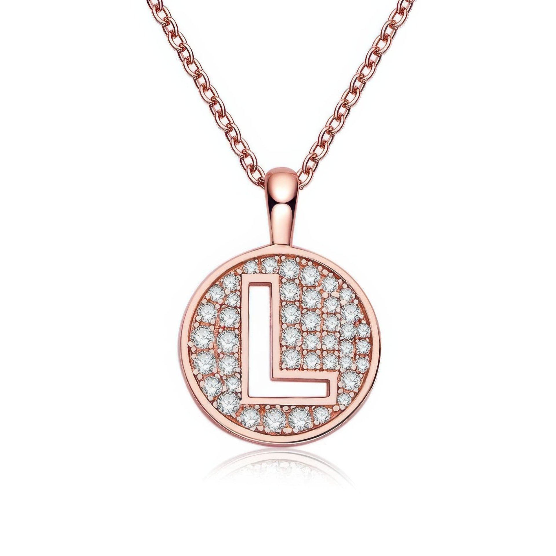 Initial L Moissanite Necklace | Rose Gold Pave Disc Pendant | Dainty Letter Charm