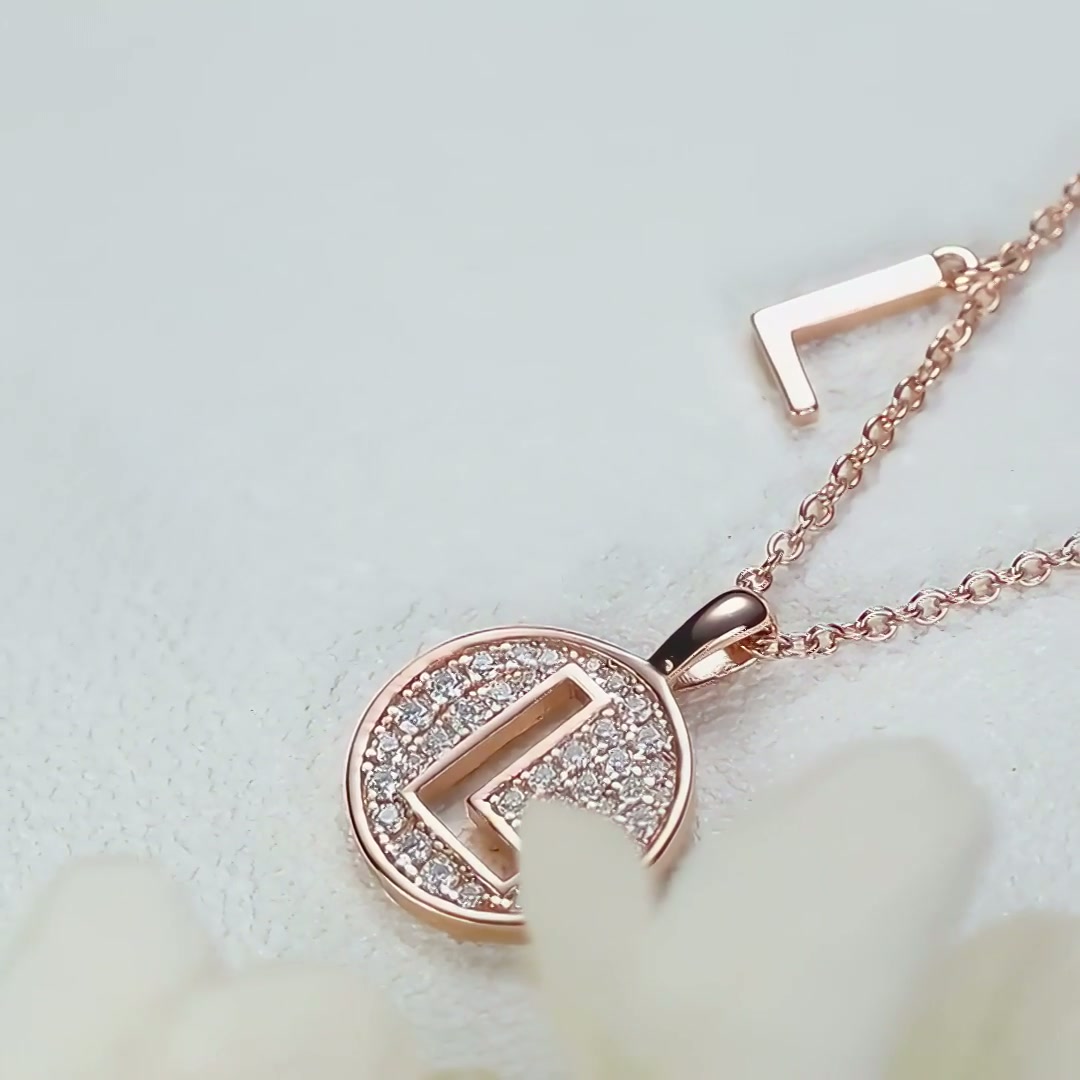 Initial L Moissanite Necklace | Rose Gold Pave Disc Pendant | Dainty Letter Charm product video thumbnail