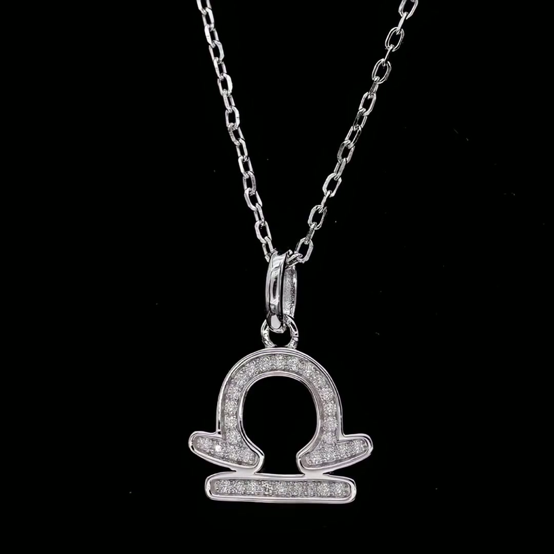 Libra Zodiac Moissanite Necklace | Pave Scales Glyph | Dainty 925 Sterling Silver Pendant product video thumbnail