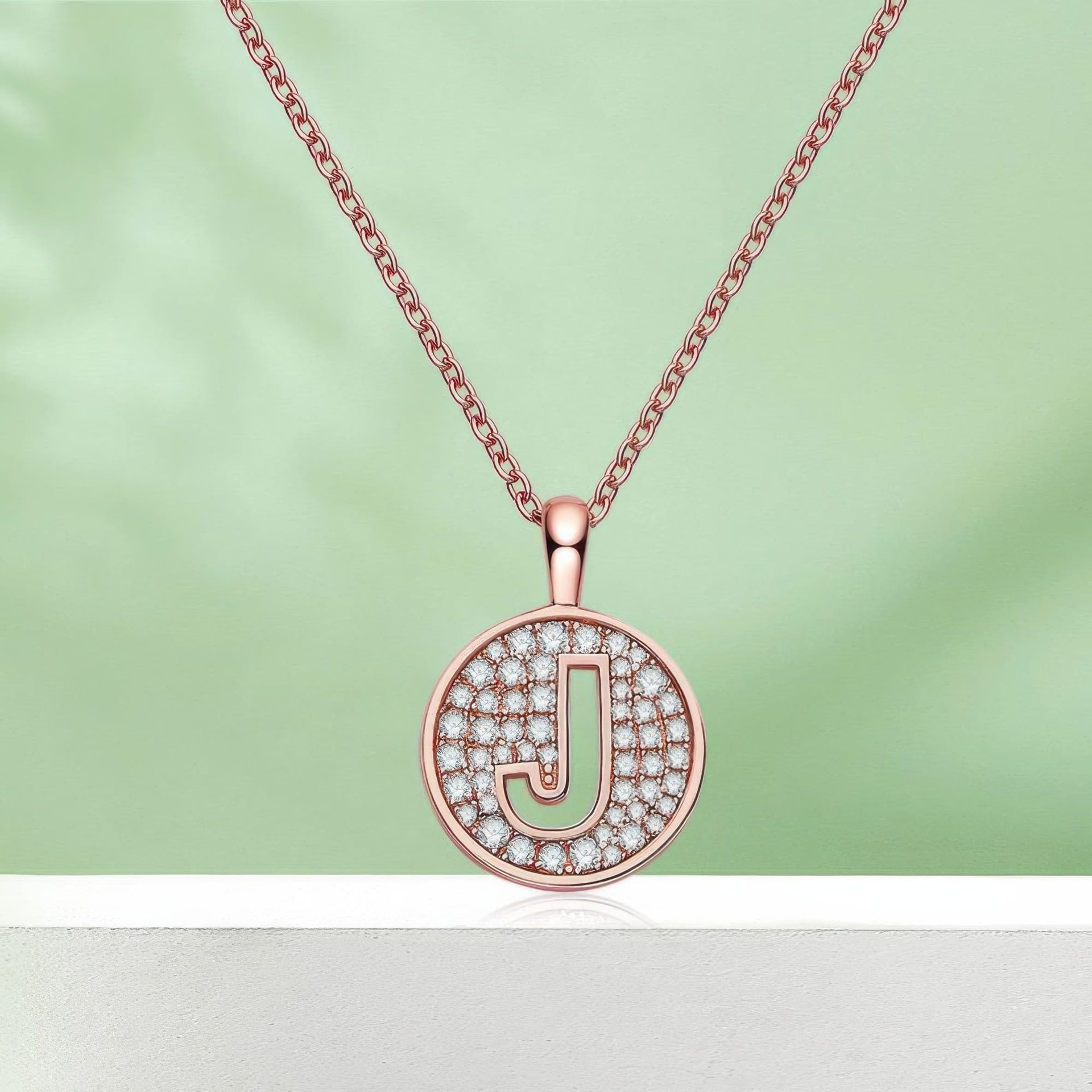 Initial J Moissanite Pendant Necklace | Pave Disc | Rose Gold Plated 925 Silver - Image 4