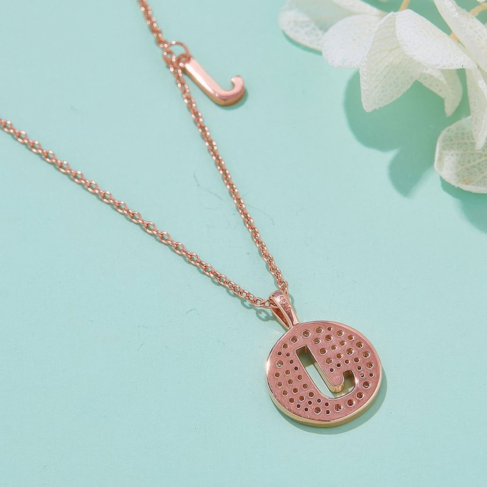 Initial J Moissanite Pendant Necklace | Pave Disc | Rose Gold Plated 925 Silver - Image 3