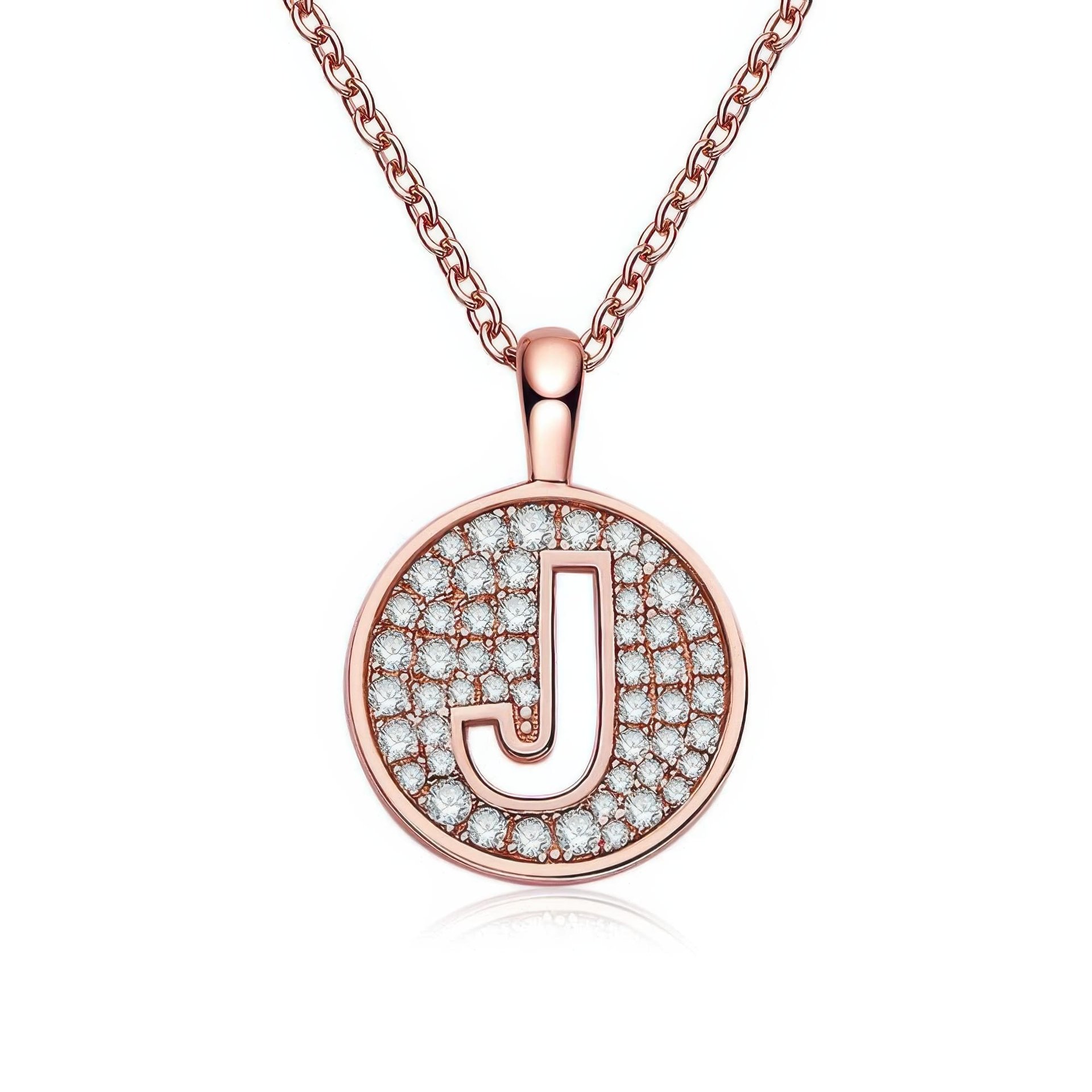 Initial J Moissanite Pendant Necklace | Pave Disc | Rose Gold Plated 925 Silver
